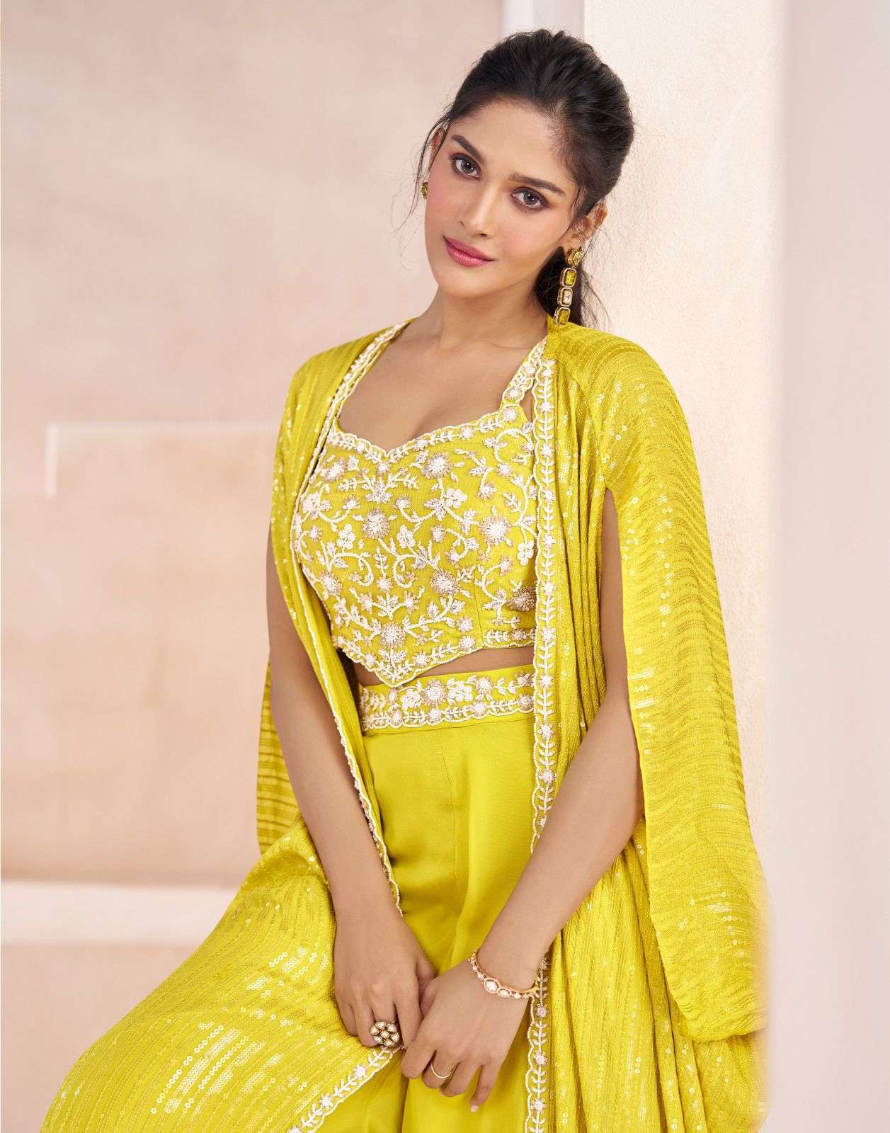 ISHUM BY SAYURI DESIGNER REAL GEORGETTE TOP PLAZO WITH EMBROIDERY SHRUG 