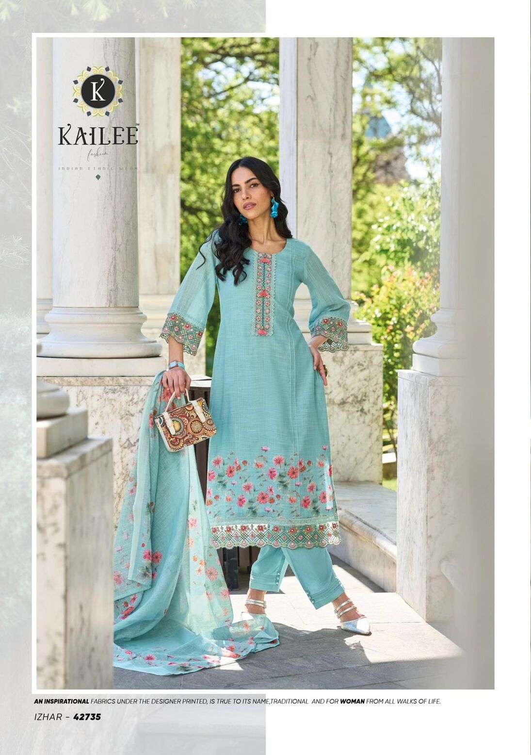 IZHAAR VOL-3 BY KAILEE FASHION PURE LINEN DIGITAL PRINT PURE HAND THREAD WORK 3 PCS SET