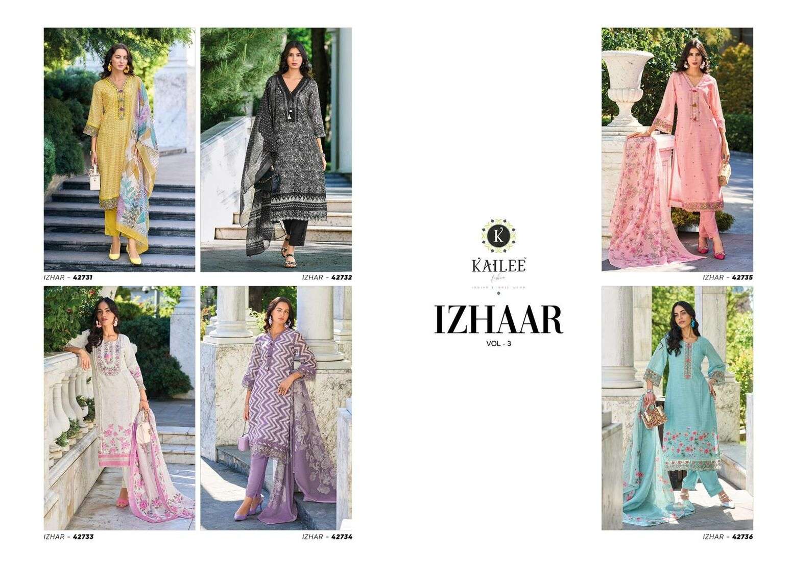 IZHAAR VOL-3 BY KAILEE FASHION PURE LINEN DIGITAL PRINT PURE HAND THREAD WORK 3 PCS SET