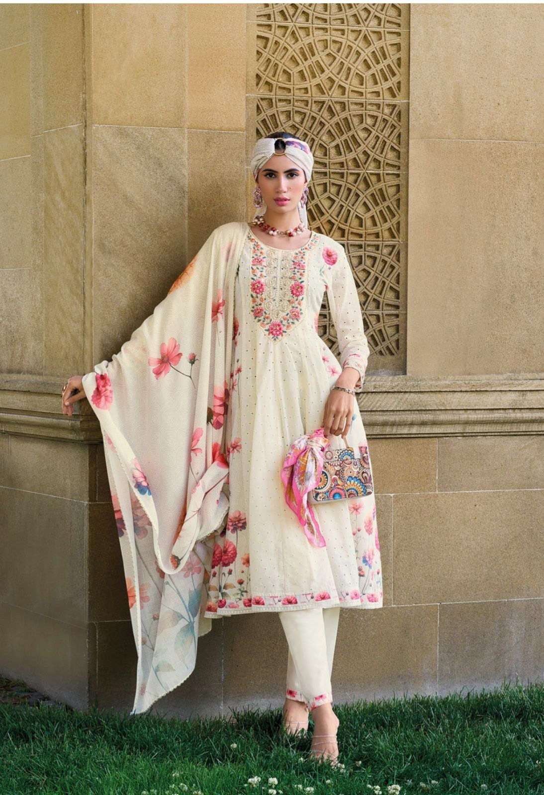 KA-42711 TA PURE COTTON KURTI PANT DUPATTA WITH DESIGNER SHIFALI PRINT & LACES 