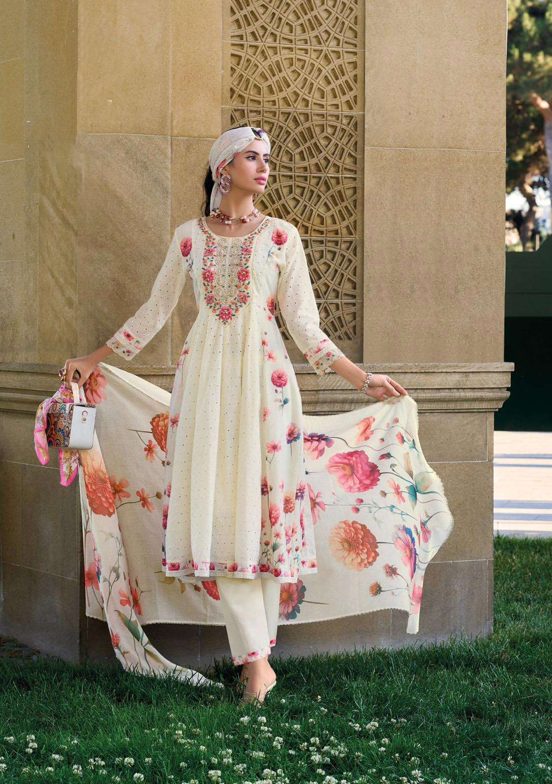 KA-42711 TA PURE COTTON KURTI PANT DUPATTA WITH DESIGNER SHIFALI PRINT & LACES 