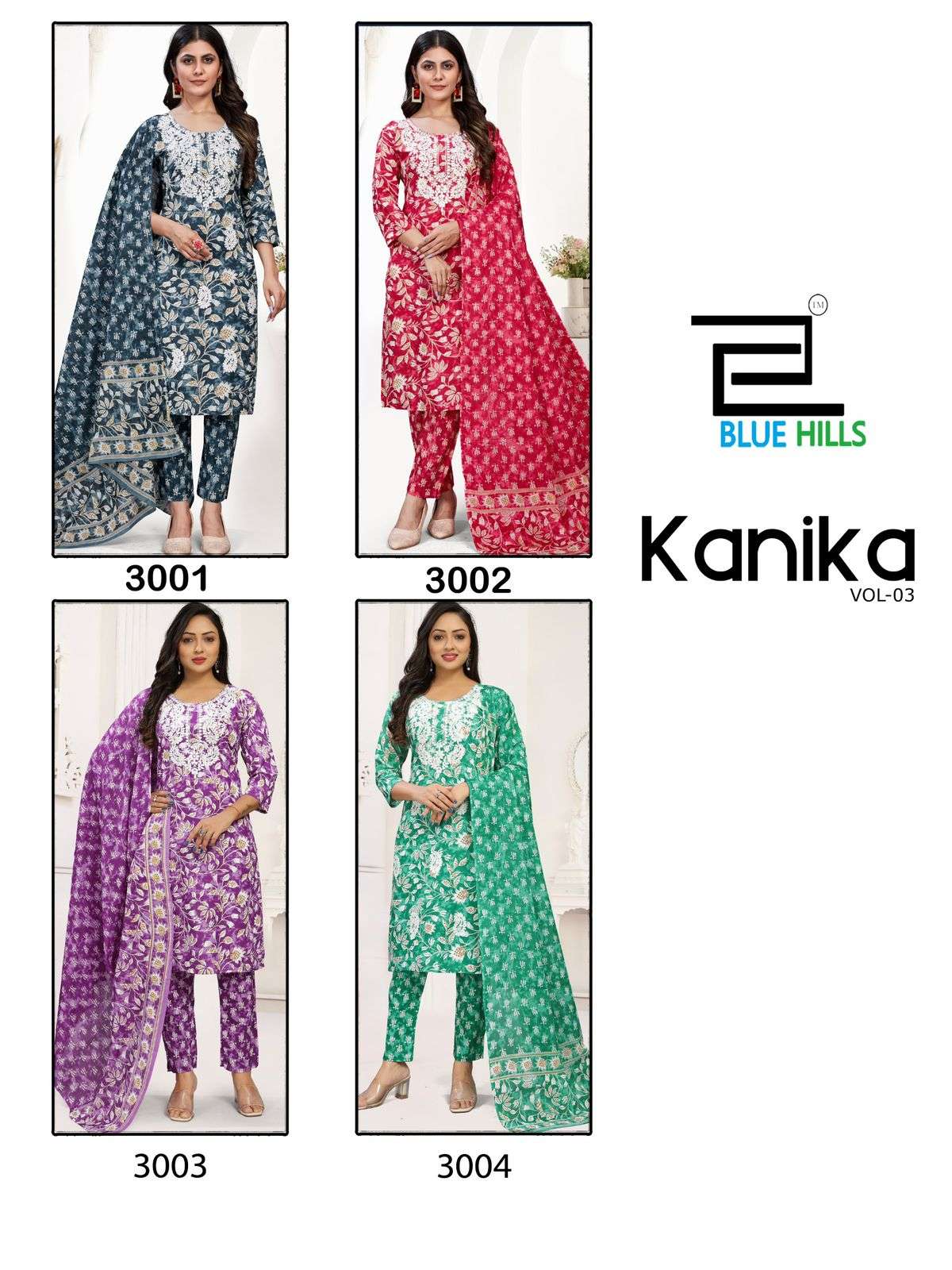 KANIKA VOL-3 BY BLUE HILLS TOP BOTTOM DUPATTA SET WITH WHITE THREAD EMBROIDERY WORK 