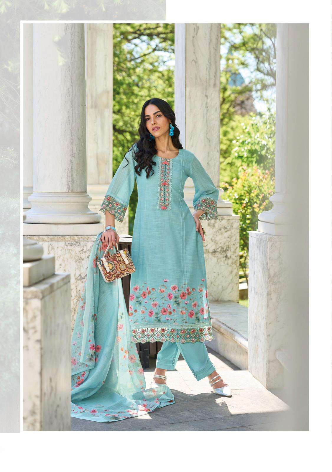 KL-42736 IZ PURE DIGITAL PRINT THREAD HANDWORK KURTI PANT WITH DUPATTA 