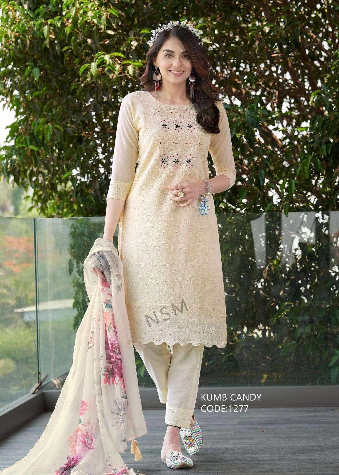 KUMB CANDY BY TEXOFAB PURE CAMBRIC COTTON NECK HNDWORK WITH SCHIFFLI WORK 