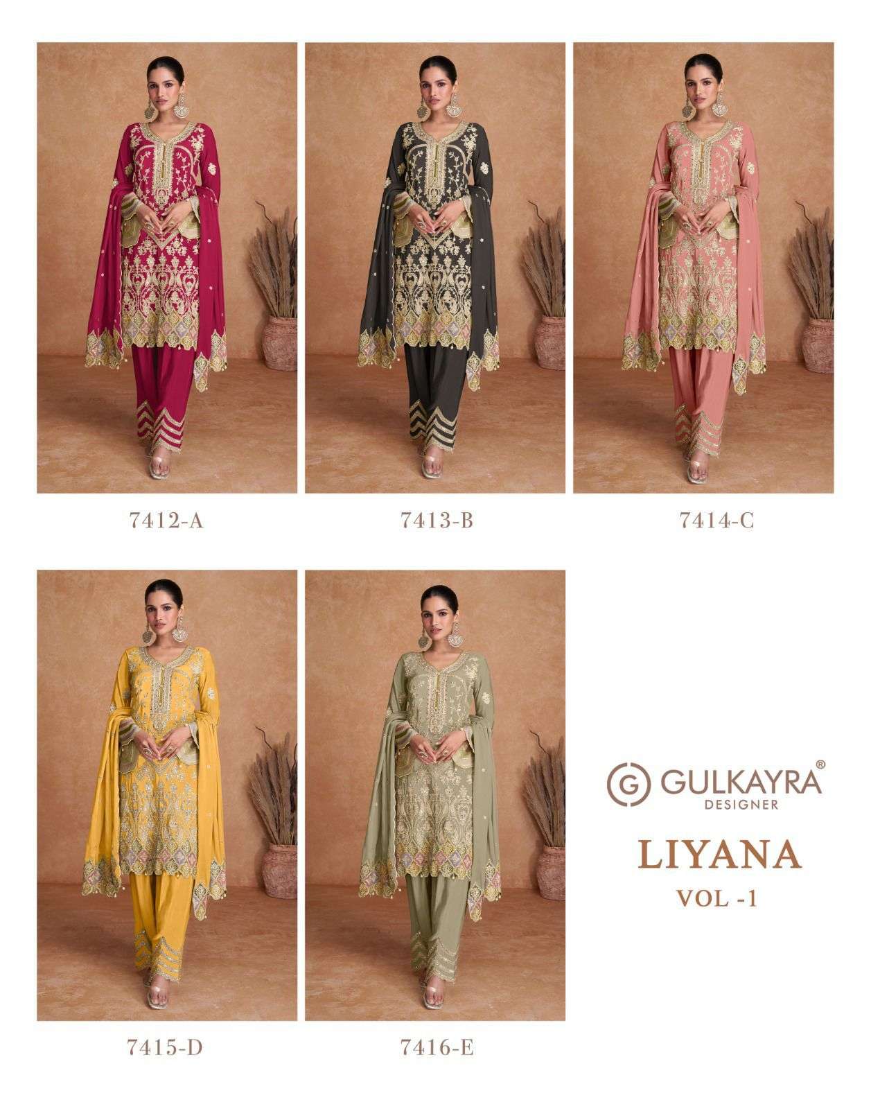 LIYANA VOL-1 BY GULKAYRA DESIGNER REAL CHINON HEAVY EMBROIDERY KURTI PANT WITH DUPATTA 