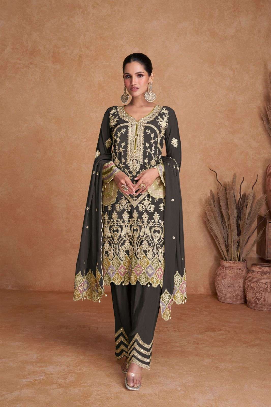 LIYANA VOL-1 BY GULKAYRA DESIGNER REAL CHINON HEAVY EMBROIDERY KURTI PANT WITH DUPATTA 