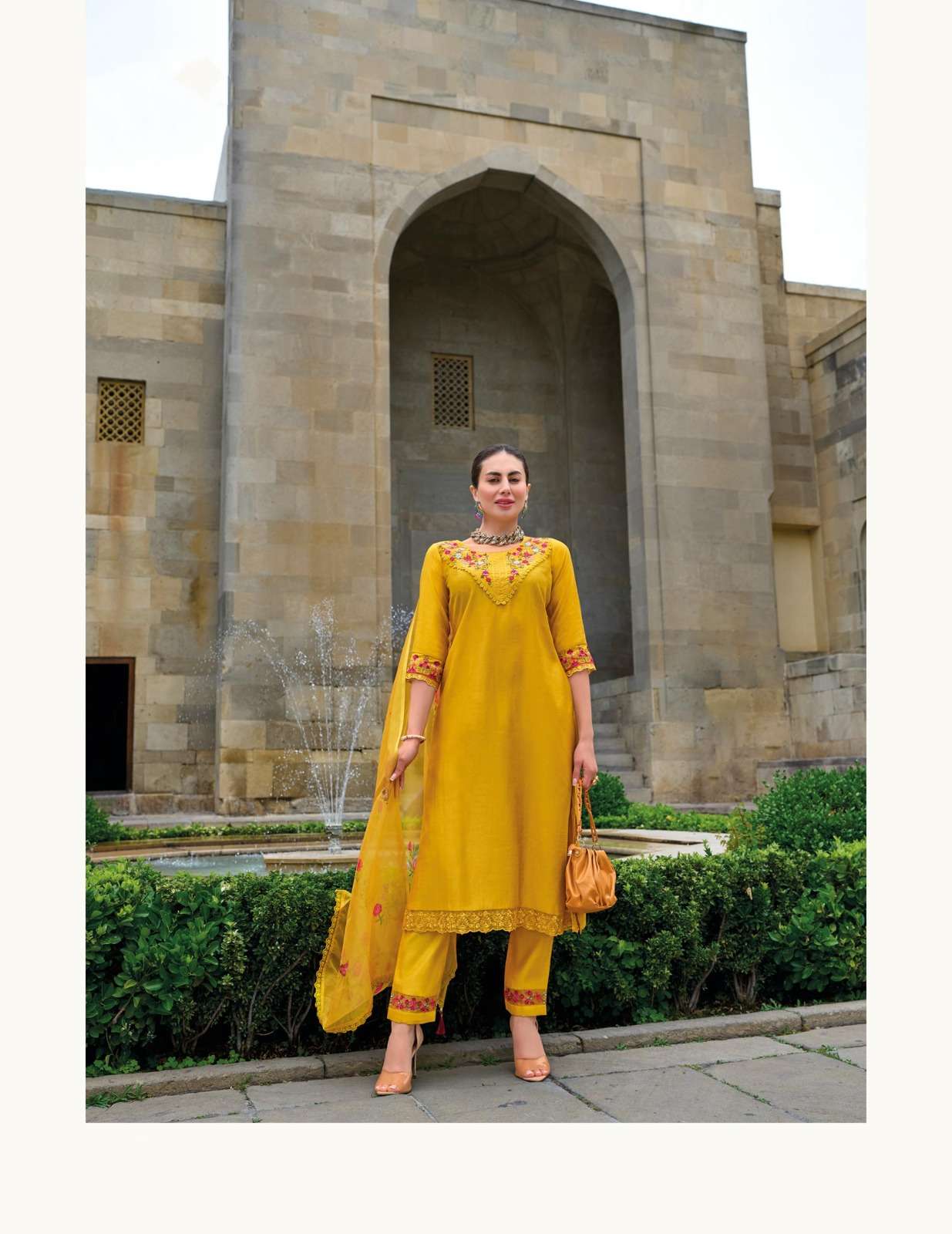 LL-20106 ML 3 PIECE PURE VISCOSE PANT WITH EMBROIDERY ORGANZA LACE  