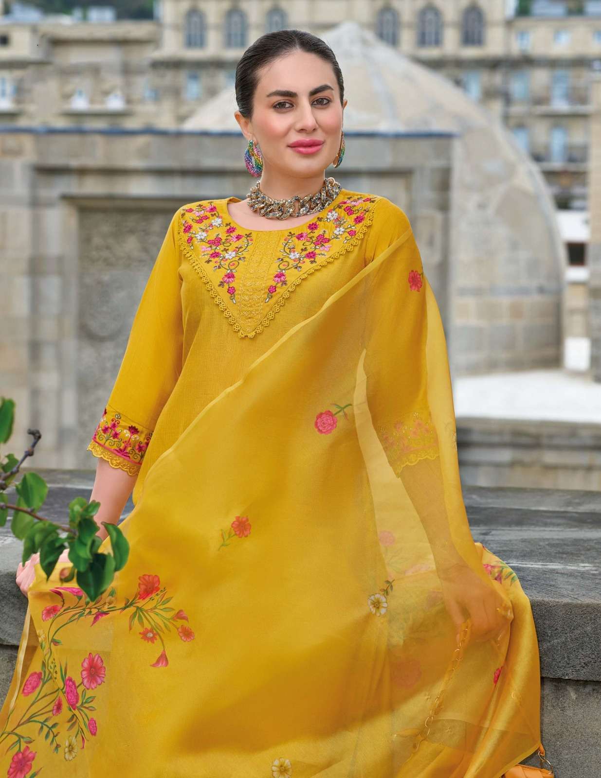 LL-20106 ML 3 PIECE PURE VISCOSE PANT WITH EMBROIDERY ORGANZA LACE  