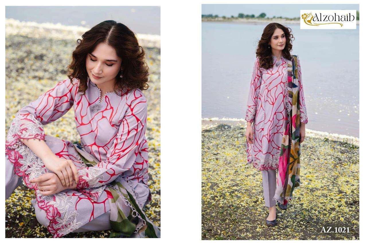 M.BASIC D.NO 1021-1022 BY ALZOHAIB PURE COTTON PRINT WITH EMBROIDERY PATCHES IN PAKISTANI STYLE 