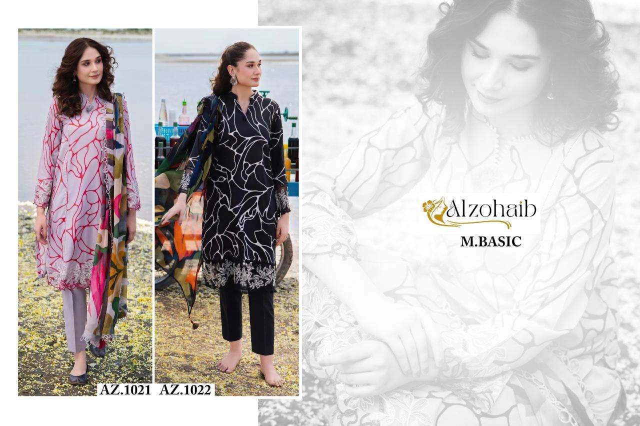 M.BASIC D.NO 1021-1022 BY ALZOHAIB PURE COTTON PRINT WITH EMBROIDERY PATCHES IN PAKISTANI STYLE 