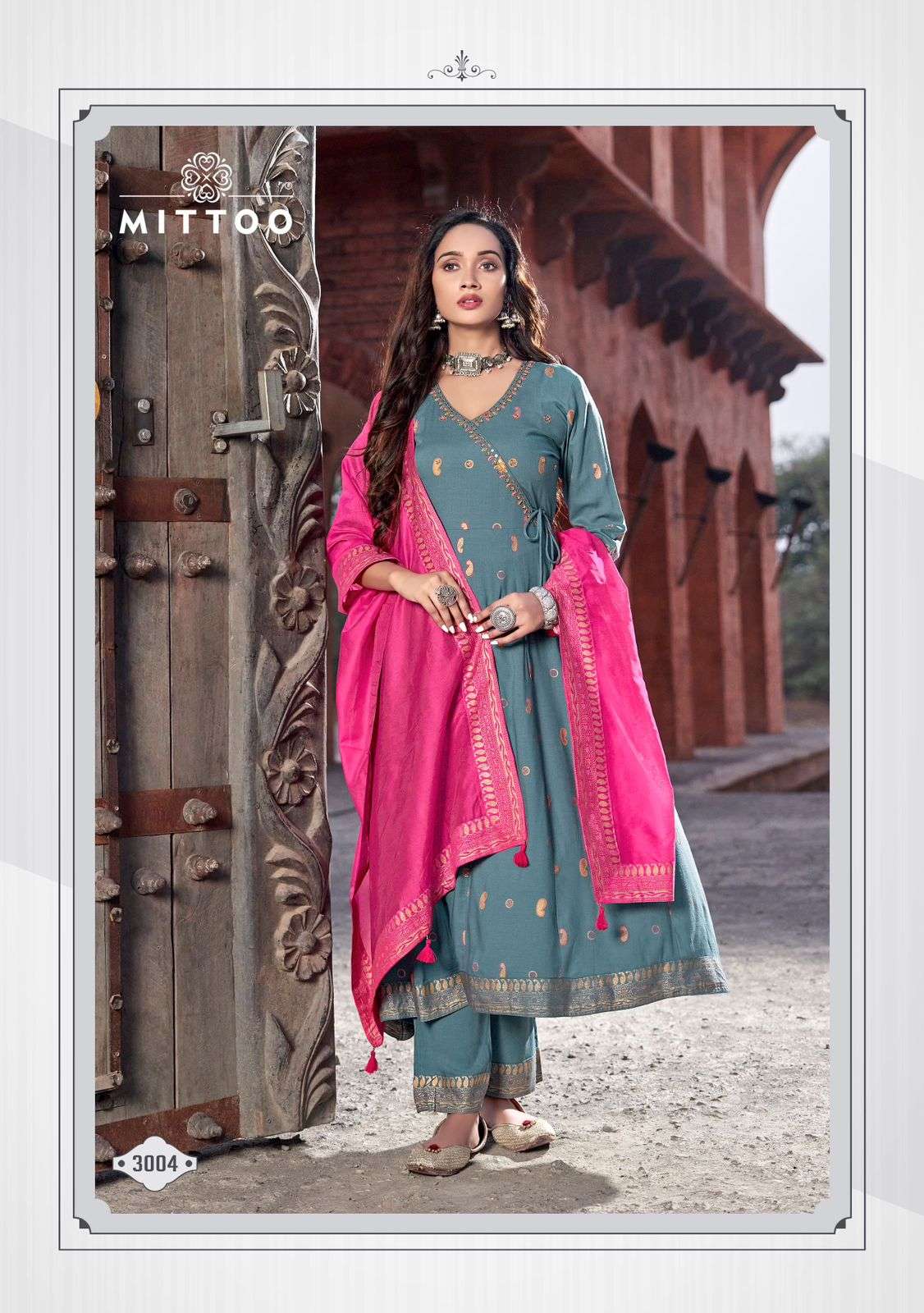 NAFIZA BY MITTOO RAYON SLUB FLORAL KURTI PANT WITH CHANDERI DUPATTA 