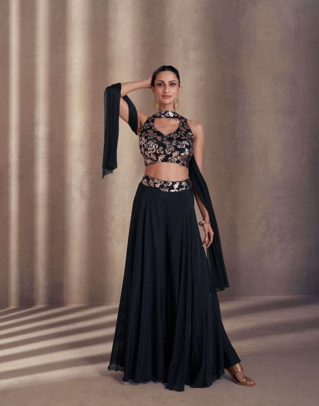 NISHA BY SAYURI DESIGNER EMBROIDERY CROP TOP PLAZO WITH DUPATTA 