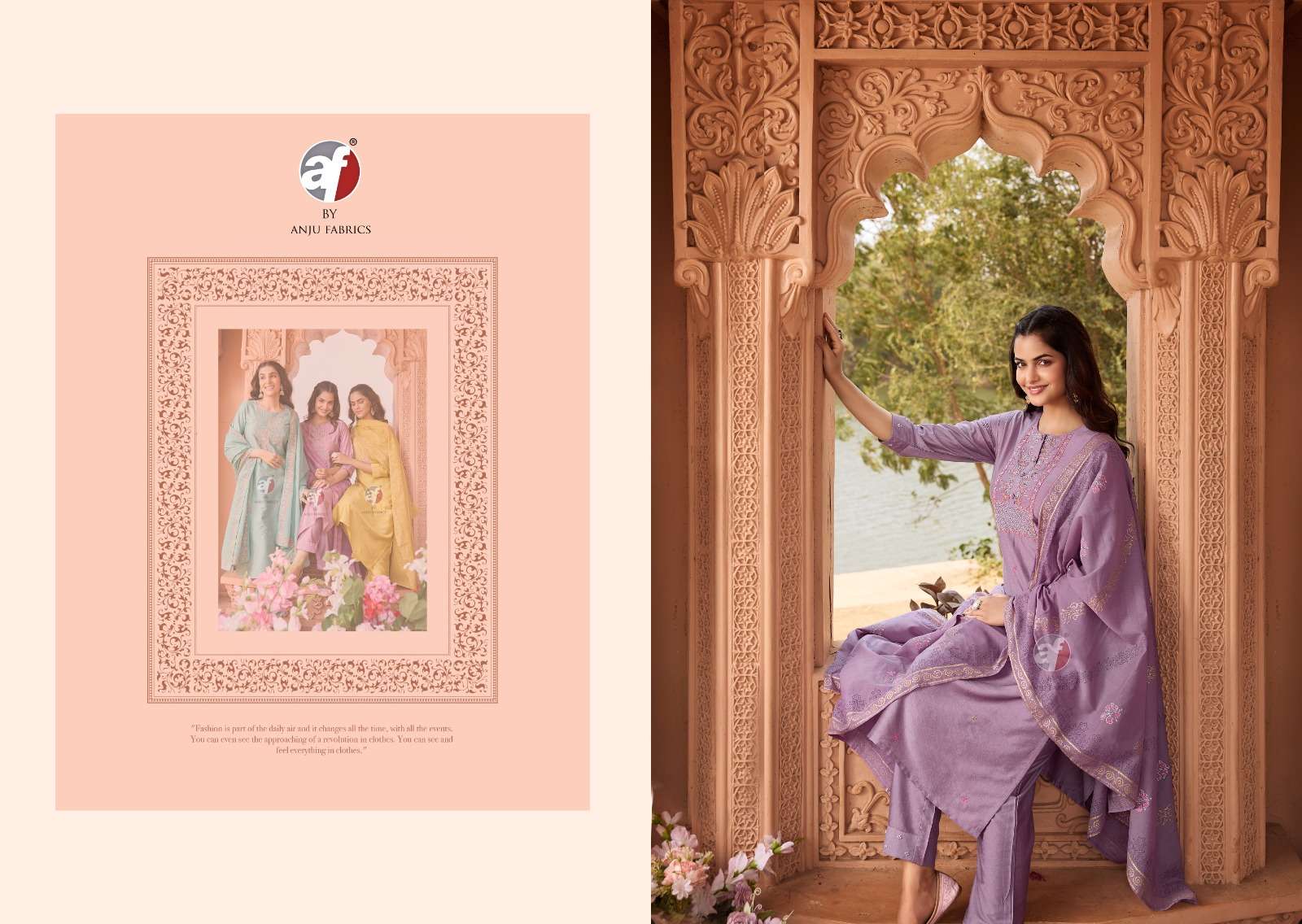 ONCE MORE VOL-4 BY ANJU FABRICS AARI WORK KURTI PANT WITH CHANDERI BLOCK PRINT DUPATTA 