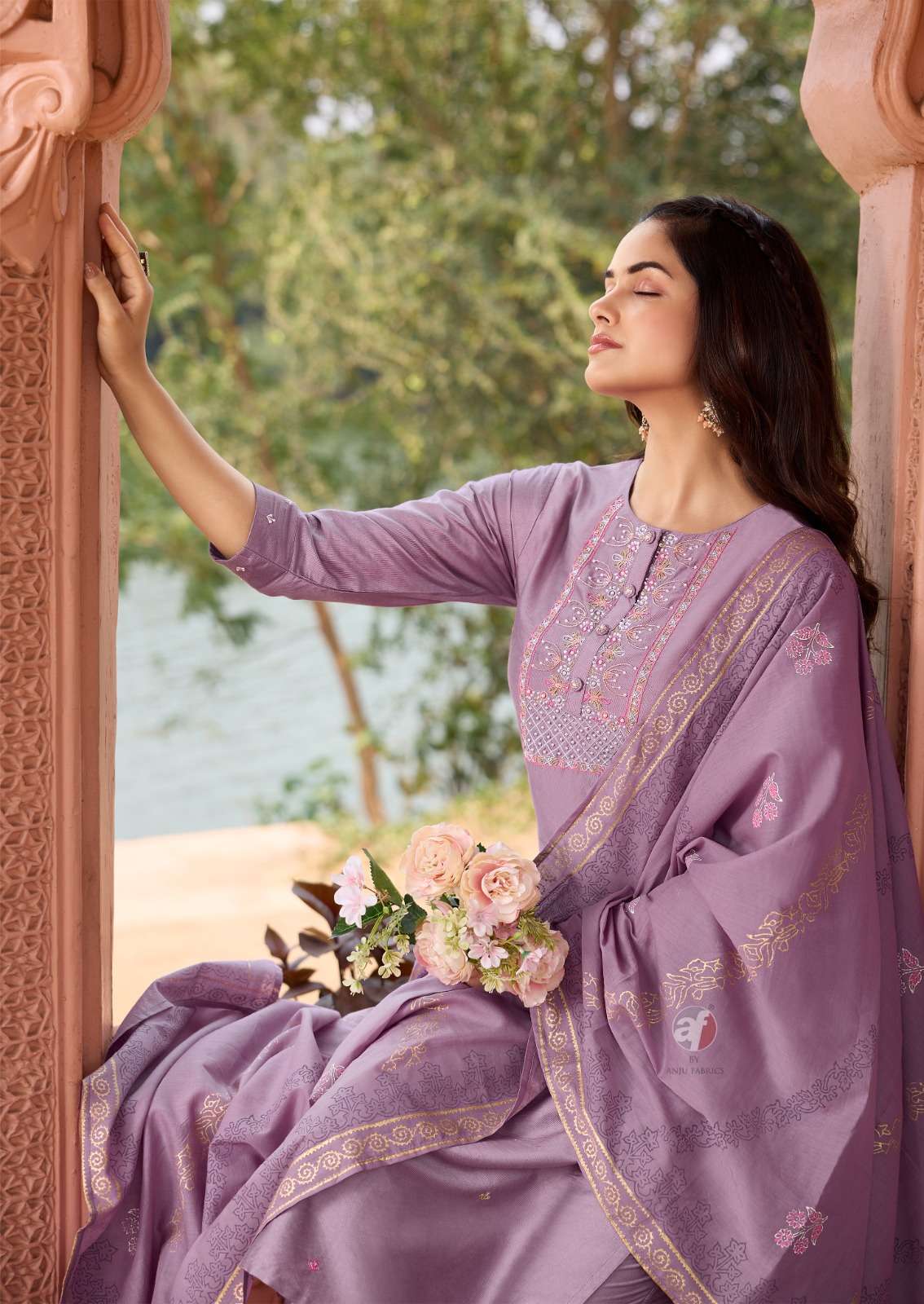 ONCE MORE VOL-4 BY ANJU FABRICS AARI WORK KURTI PANT WITH CHANDERI BLOCK PRINT DUPATTA 