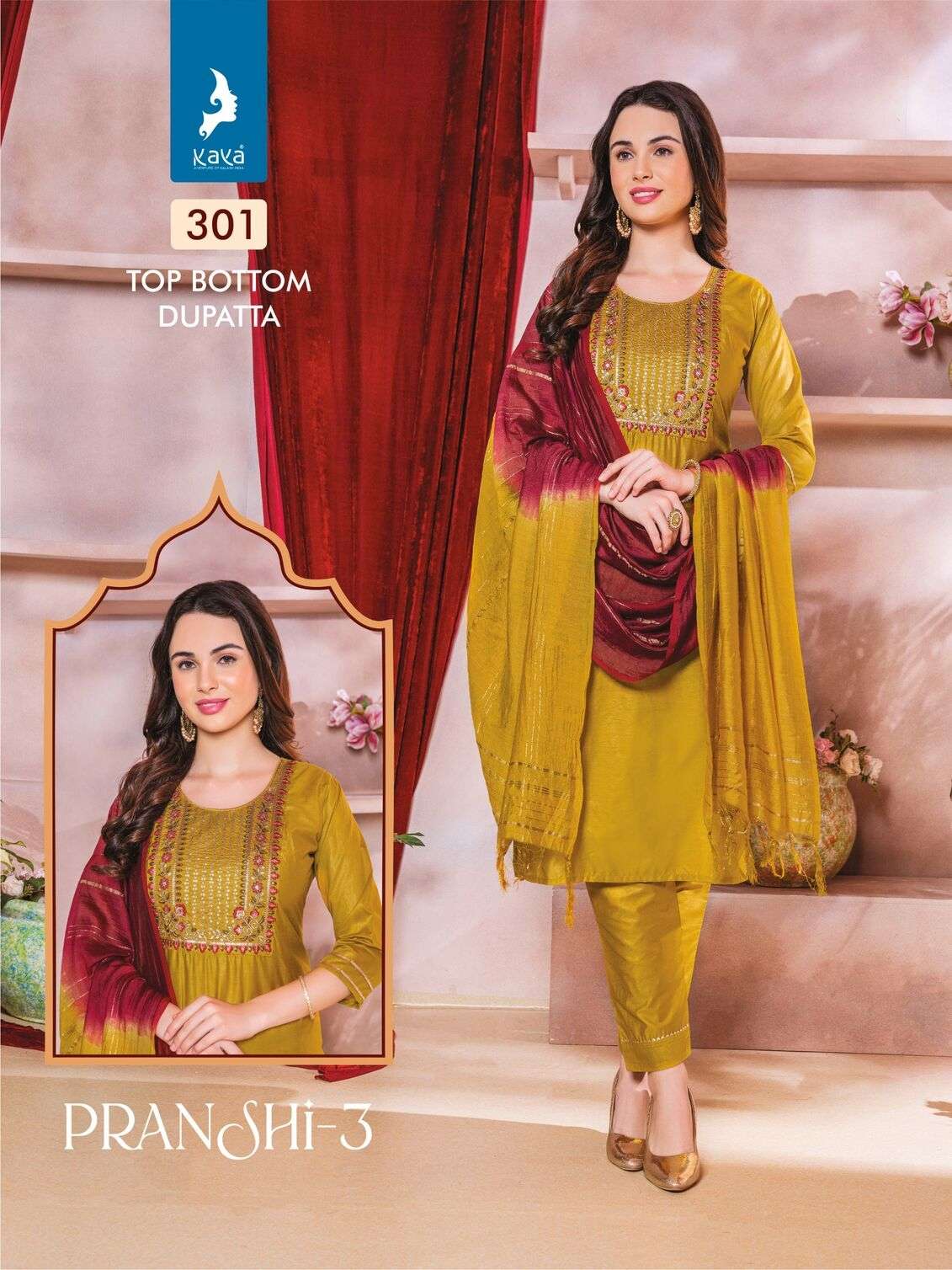 PRANSHI VOL-3 BY KAYA KURTI CHANDERI SILK 3 PCS KURTI PANT WITH DUPATTA