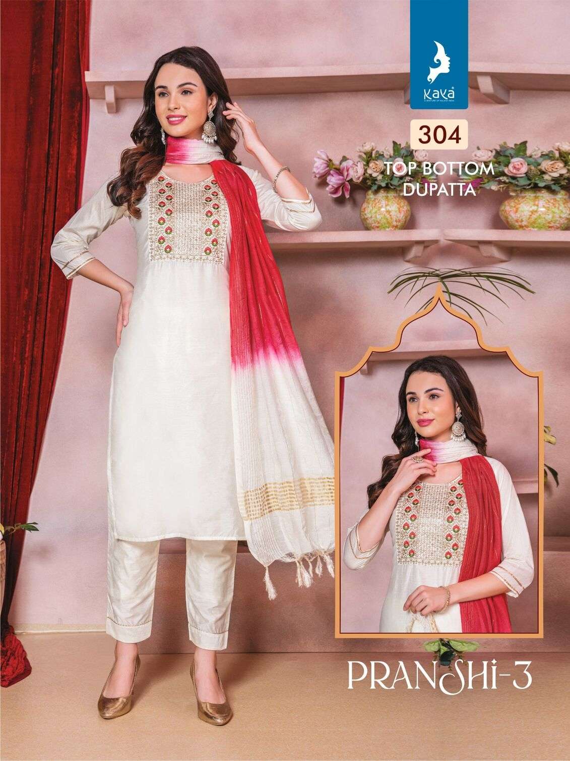 PRANSHI VOL-3 BY KAYA KURTI CHANDERI SILK 3 PCS KURTI PANT WITH DUPATTA