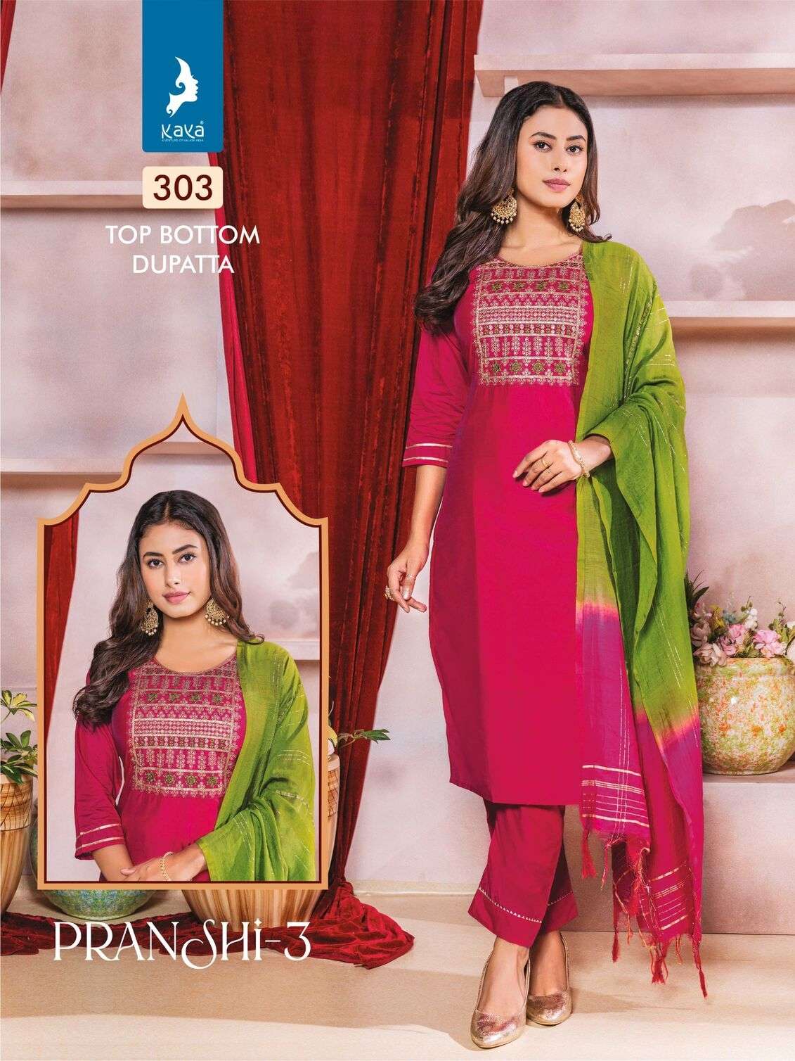 PRANSHI VOL-3 BY KAYA KURTI CHANDERI SILK 3 PCS KURTI PANT WITH DUPATTA