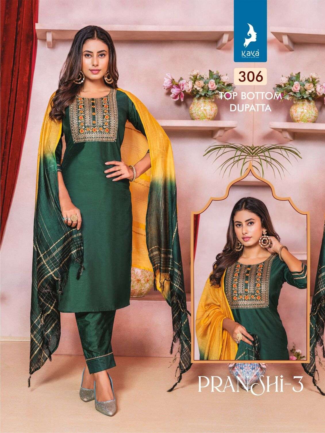 PRANSHI VOL-3 BY KAYA KURTI CHANDERI SILK 3 PCS KURTI PANT WITH DUPATTA