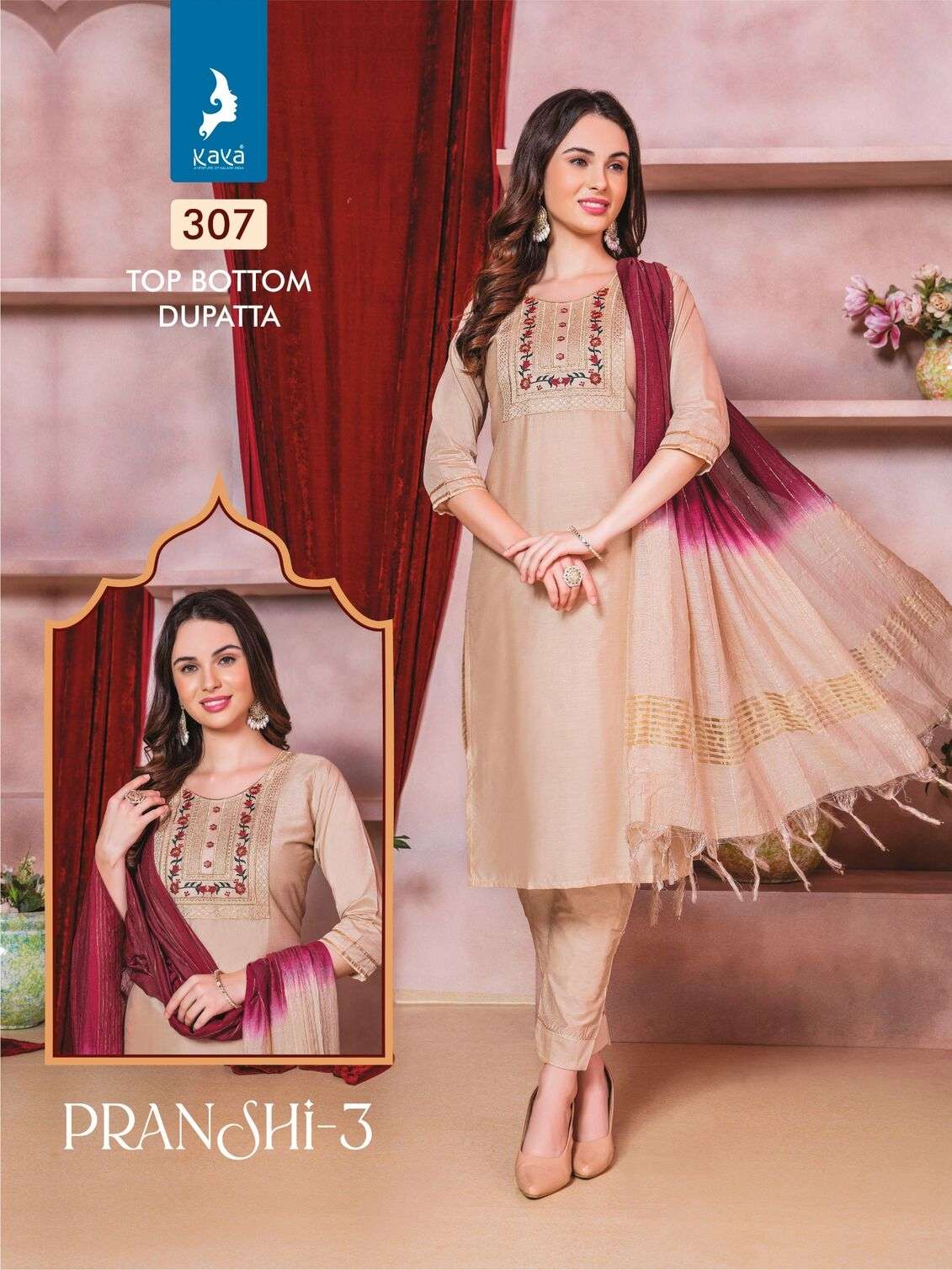 PRANSHI VOL-3 BY KAYA KURTI CHANDERI SILK 3 PCS KURTI PANT WITH DUPATTA