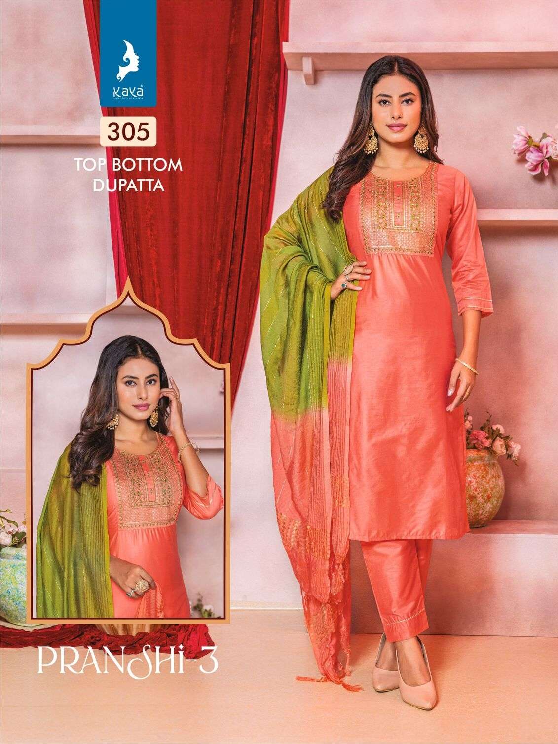 PRANSHI VOL-3 BY KAYA KURTI CHANDERI SILK 3 PCS KURTI PANT WITH DUPATTA