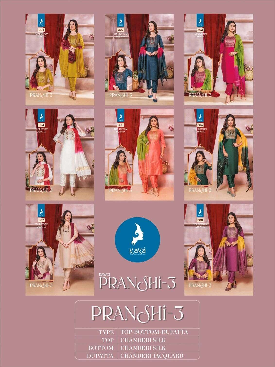 PRANSHI VOL-3 BY KAYA KURTI CHANDERI SILK 3 PCS KURTI PANT WITH DUPATTA