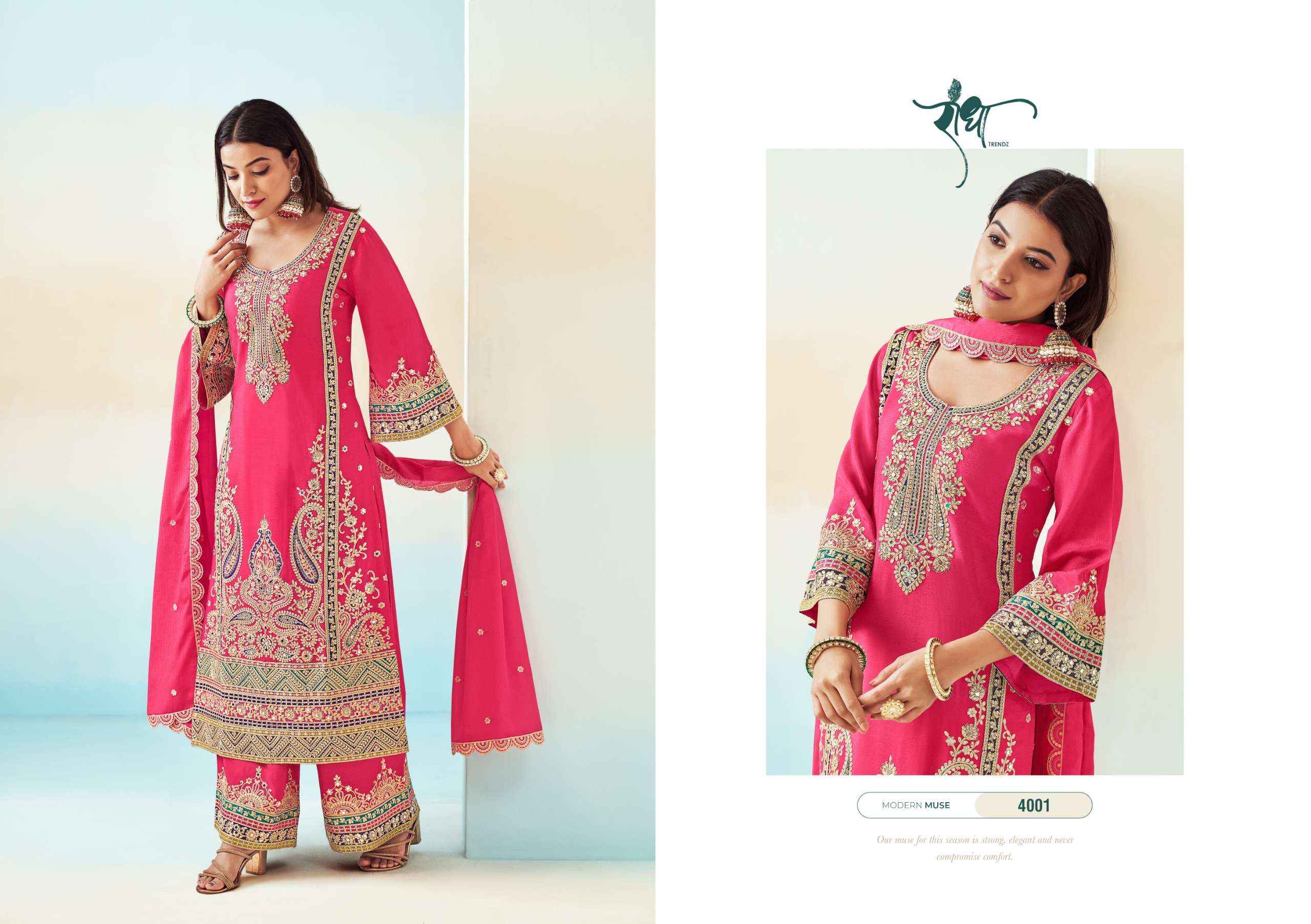 RASHMI VOL-2 BY RADHA TRENDZ HEAVY CHINON WITH HEAVY EMBROIDERY WORK KURTI PLAZO & DUPATTA 