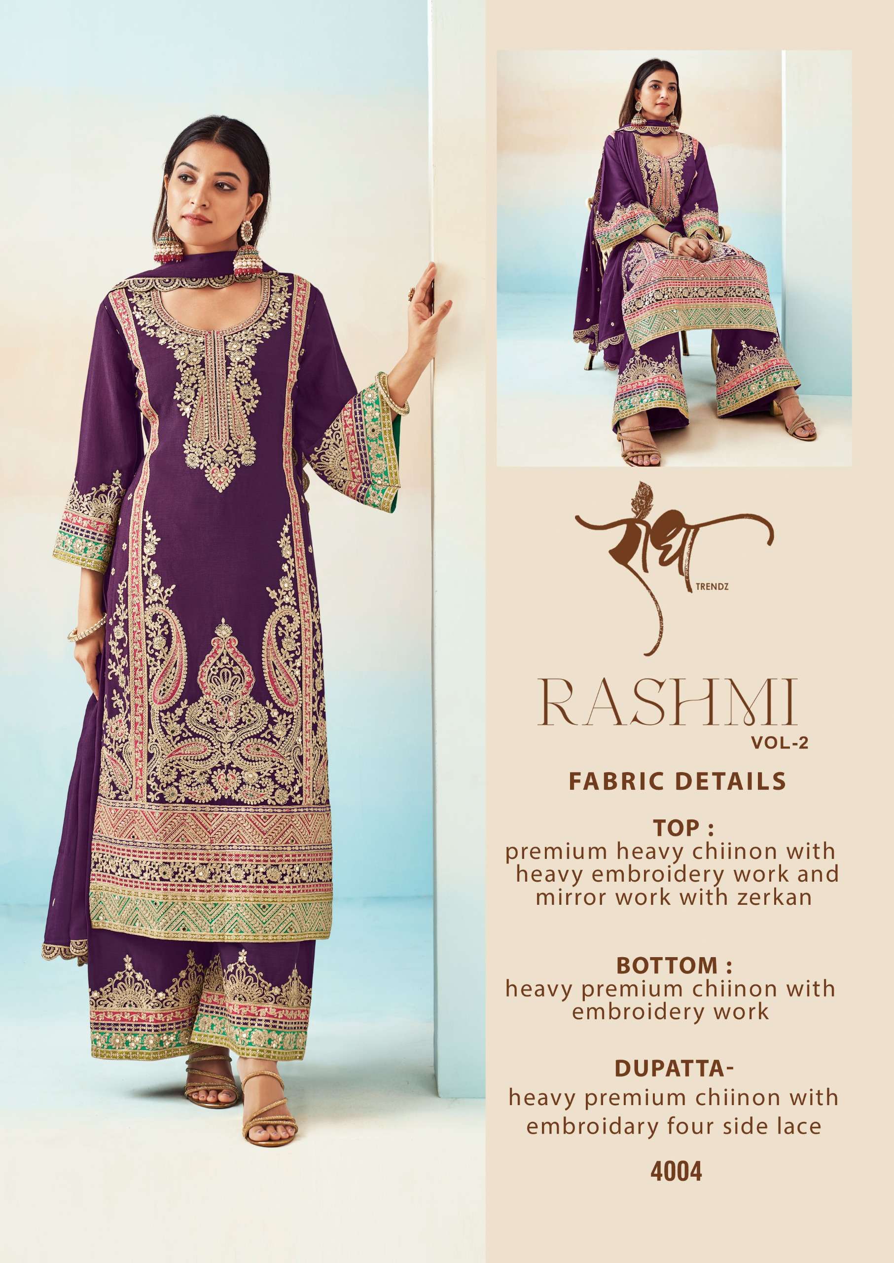 RASHMI VOL-2 BY RADHA TRENDZ HEAVY CHINON WITH HEAVY EMBROIDERY WORK KURTI PLAZO & DUPATTA 