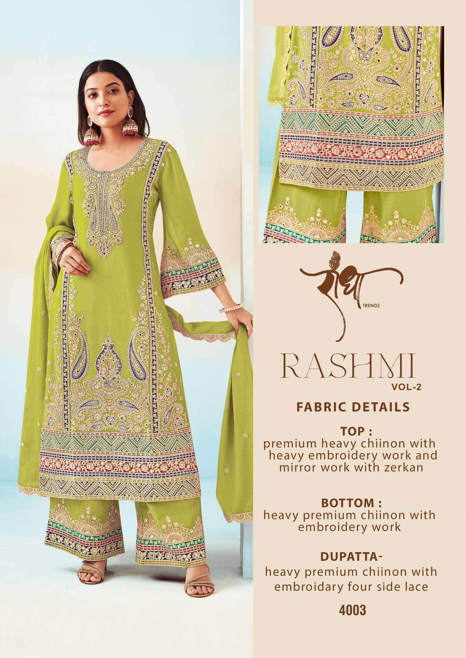 RASHMI VOL-2 BY RADHA TRENDZ HEAVY CHINON WITH HEAVY EMBROIDERY WORK KURTI PLAZO & DUPATTA 