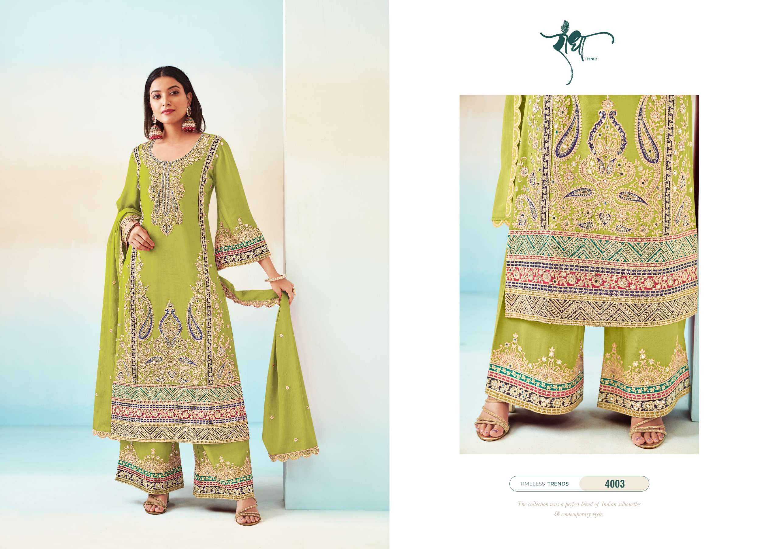 RASHMI VOL-2 BY RADHA TRENDZ HEAVY CHINON WITH HEAVY EMBROIDERY WORK KURTI PLAZO & DUPATTA 