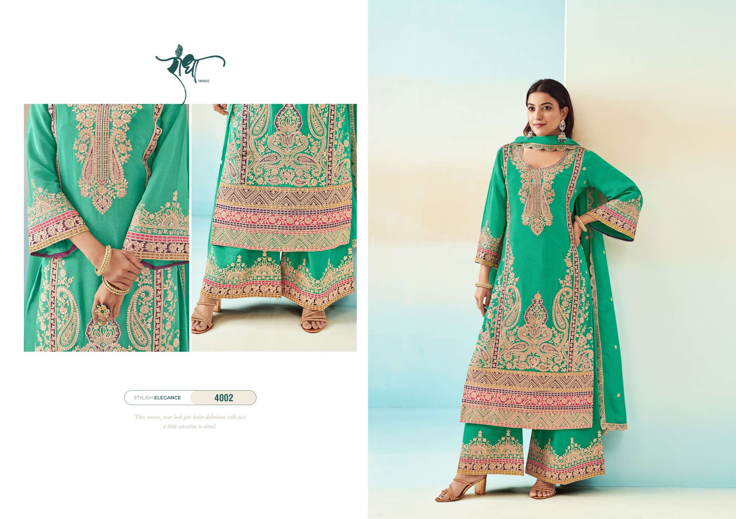 RASHMI VOL-2 BY RADHA TRENDZ HEAVY CHINON WITH HEAVY EMBROIDERY WORK KURTI PLAZO & DUPATTA 