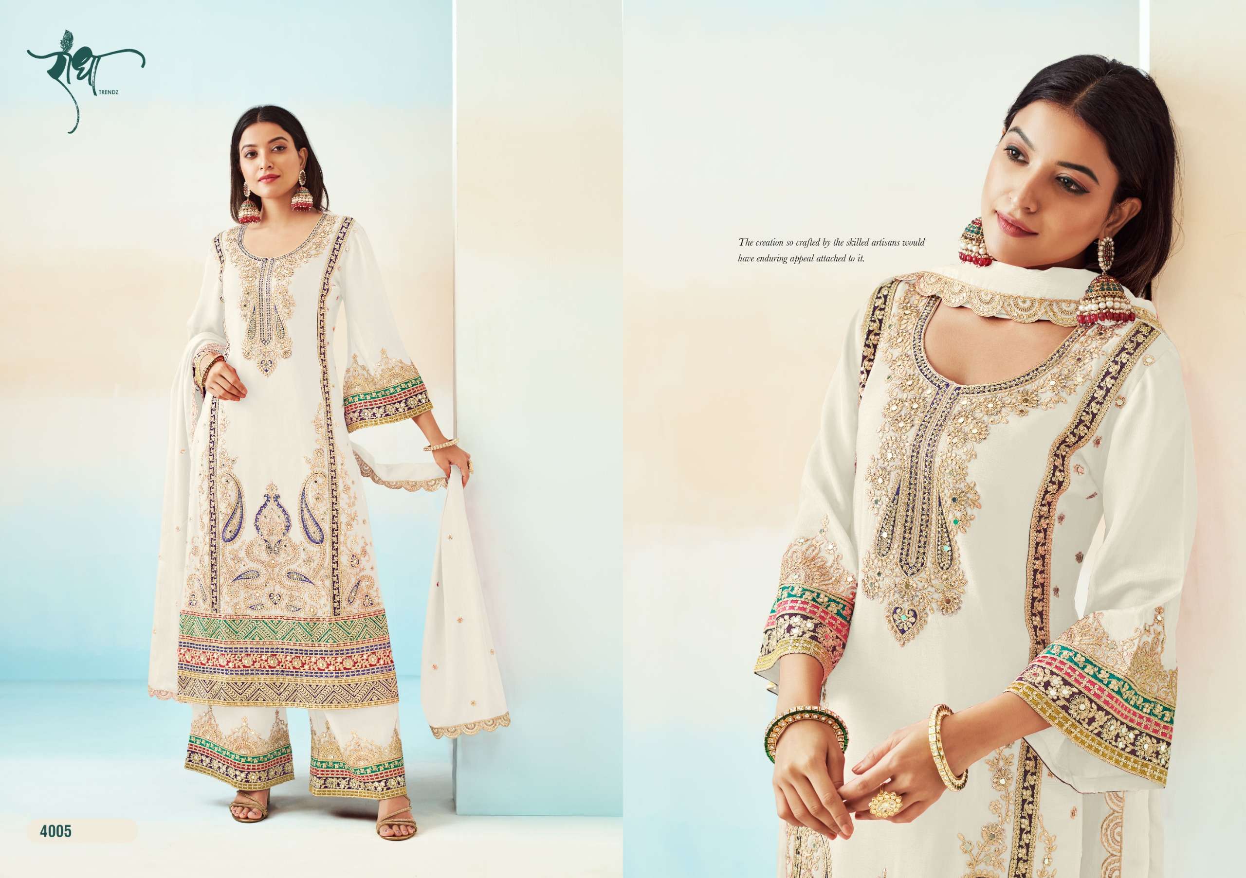 RASHMI VOL-2 BY RADHA TRENDZ HEAVY CHINON WITH HEAVY EMBROIDERY WORK KURTI PLAZO & DUPATTA 