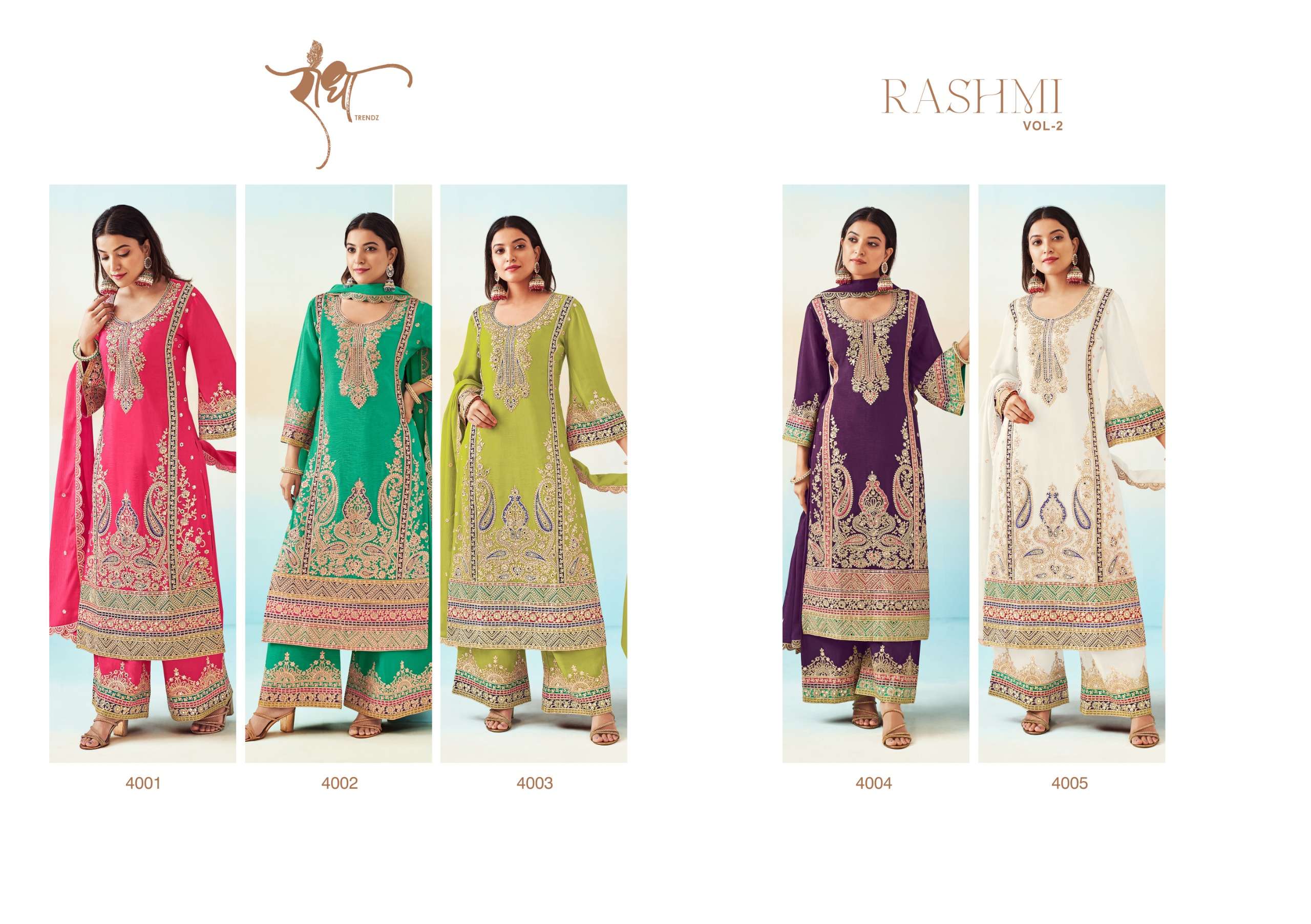 RASHMI VOL-2 BY RADHA TRENDZ HEAVY CHINON WITH HEAVY EMBROIDERY WORK KURTI PLAZO & DUPATTA 