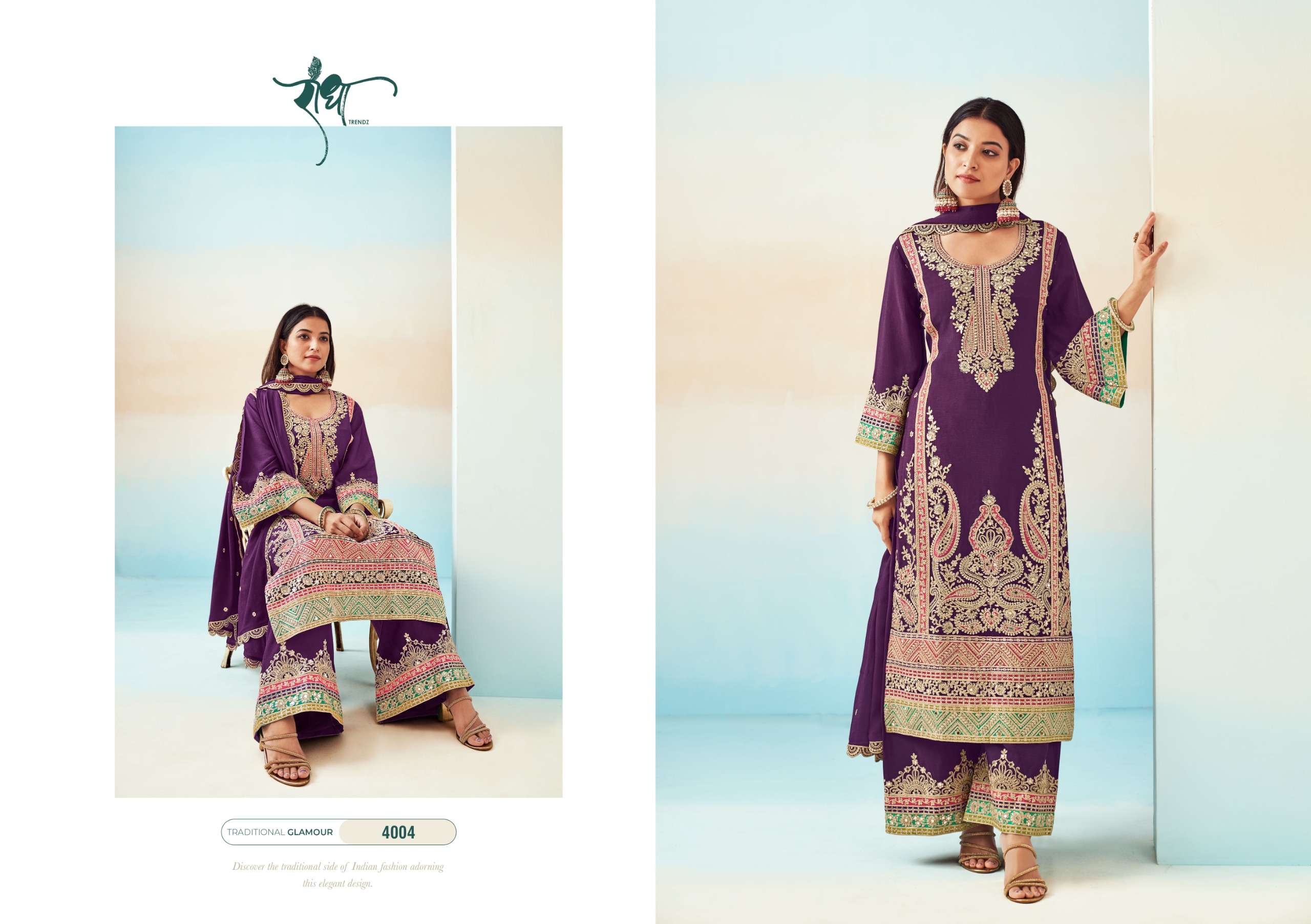 RASHMI VOL-2 BY RADHA TRENDZ HEAVY CHINON WITH HEAVY EMBROIDERY WORK KURTI PLAZO & DUPATTA 