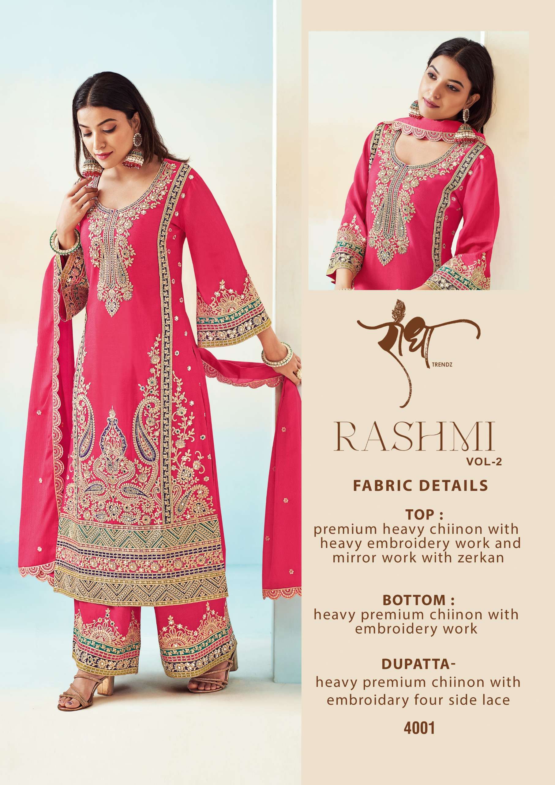 RASHMI VOL-2 BY RADHA TRENDZ HEAVY CHINON WITH HEAVY EMBROIDERY WORK KURTI PLAZO & DUPATTA 