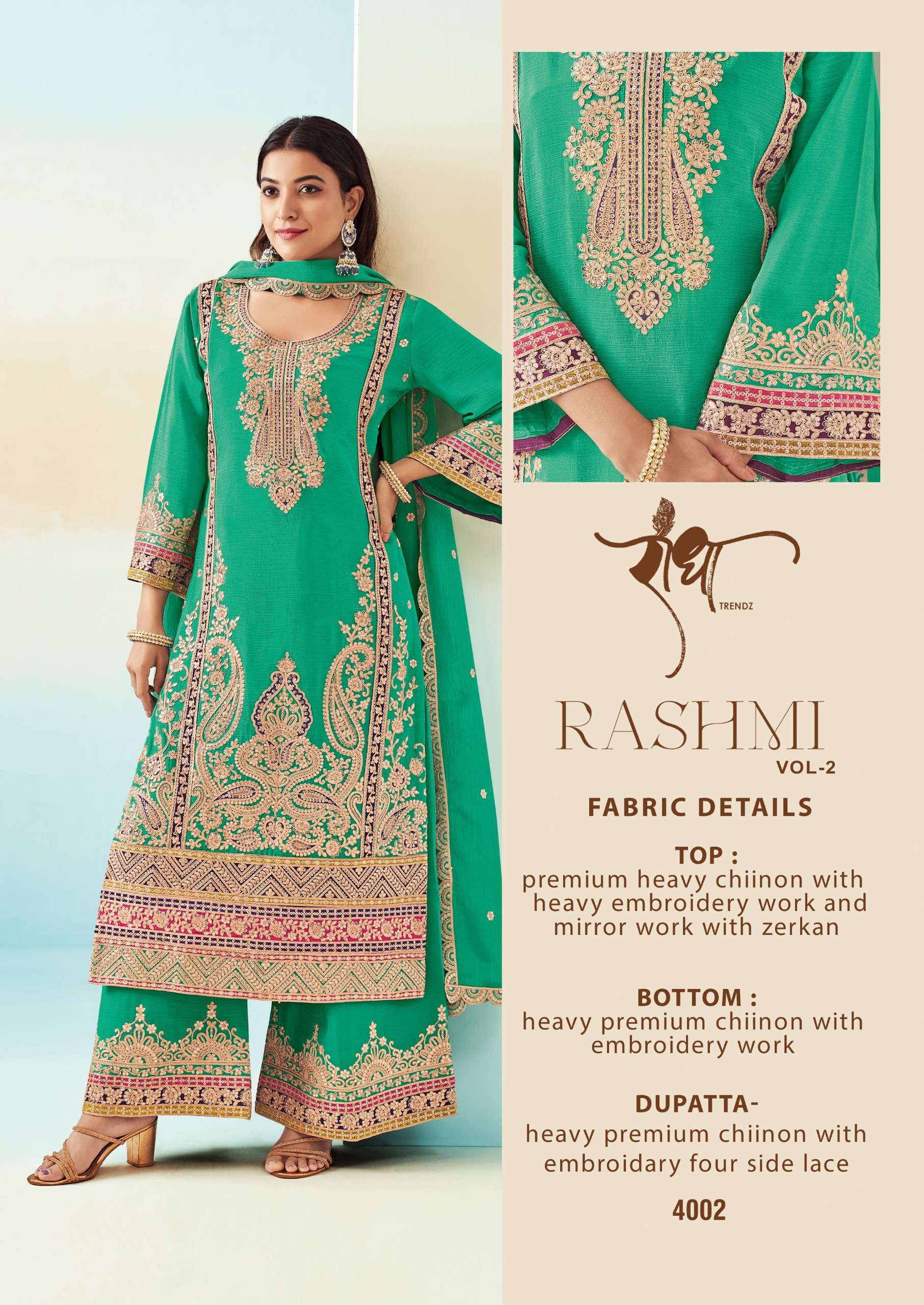 RASHMI VOL-2 BY RADHA TRENDZ HEAVY CHINON WITH HEAVY EMBROIDERY WORK KURTI PLAZO & DUPATTA 