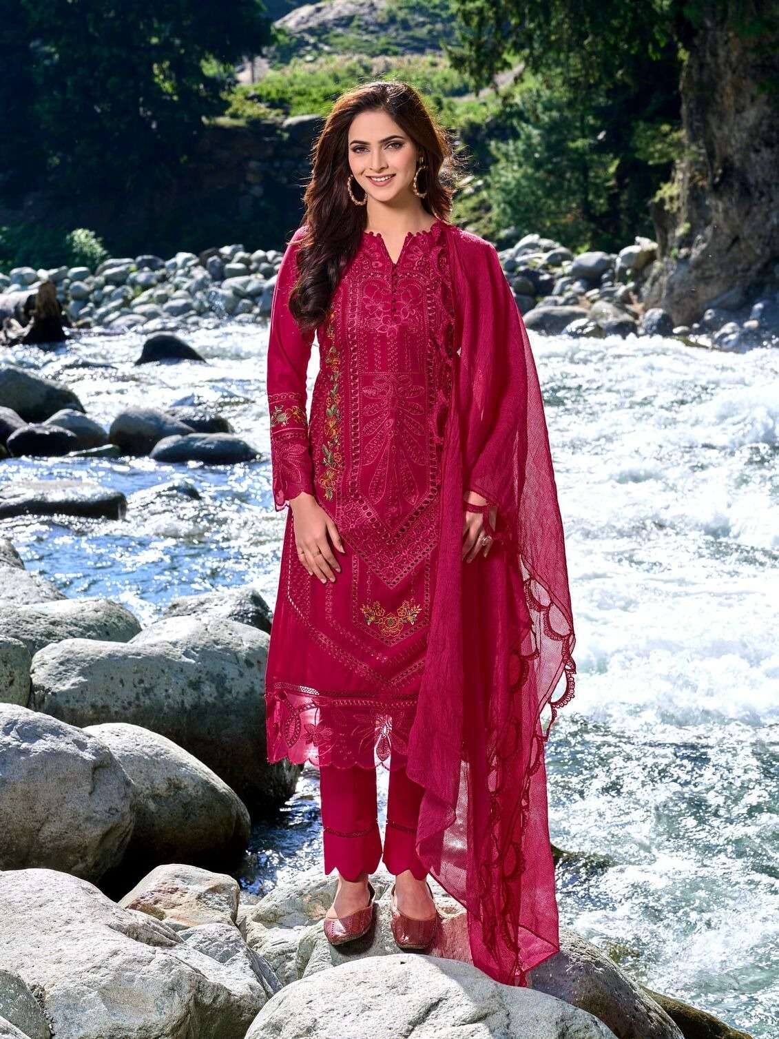 RED BLACK & GREY STRAIGHT KURTI PANT WITH DUPATTA IN PAKISTANI STYLE BY TEXOFAB 