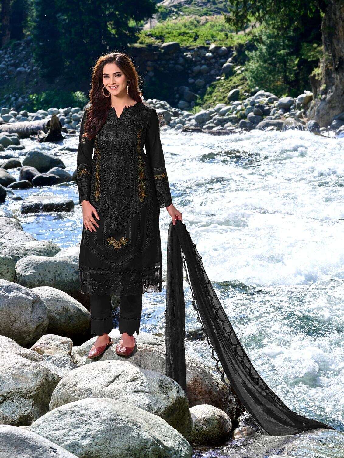 RED BLACK & GREY STRAIGHT KURTI PANT WITH DUPATTA IN PAKISTANI STYLE BY TEXOFAB 