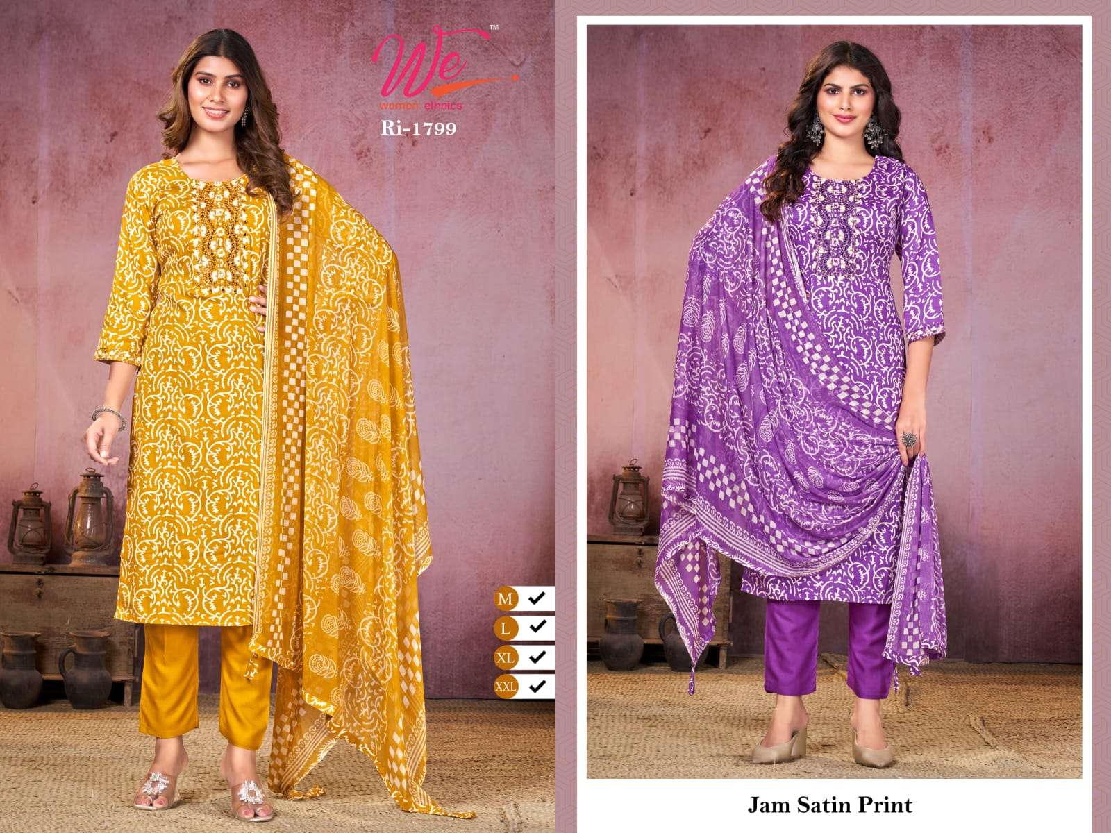 RI-1795 TO 1799 BY WE JAM SATIN PRINT FULL STICHED KURTI PANT WITH DUPATTA 