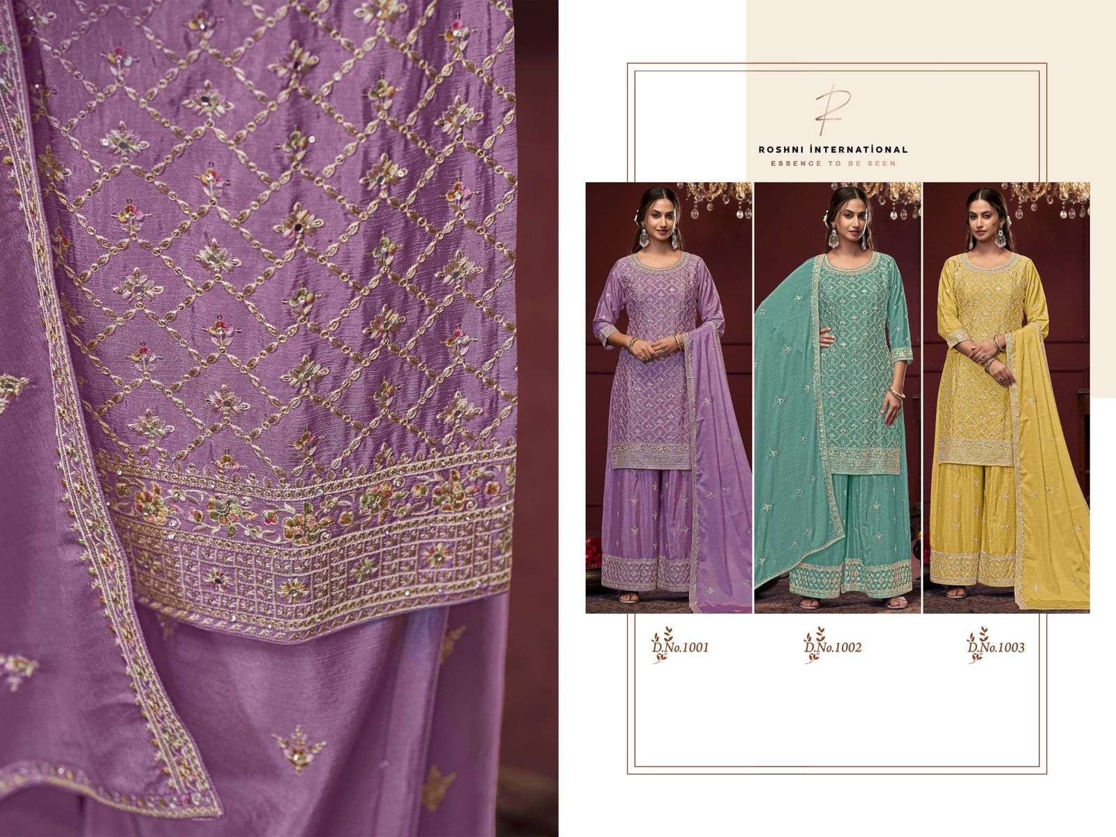 ROSHNI INTERNATIONAL PRESENT LAYLA CHINON SILK HEAVY EMBROIDERY DESIGNER STICHED SUIT 