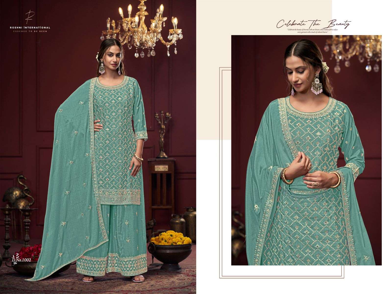 ROSHNI INTERNATIONAL PRESENT LAYLA CHINON SILK HEAVY EMBROIDERY DESIGNER STICHED SUIT 