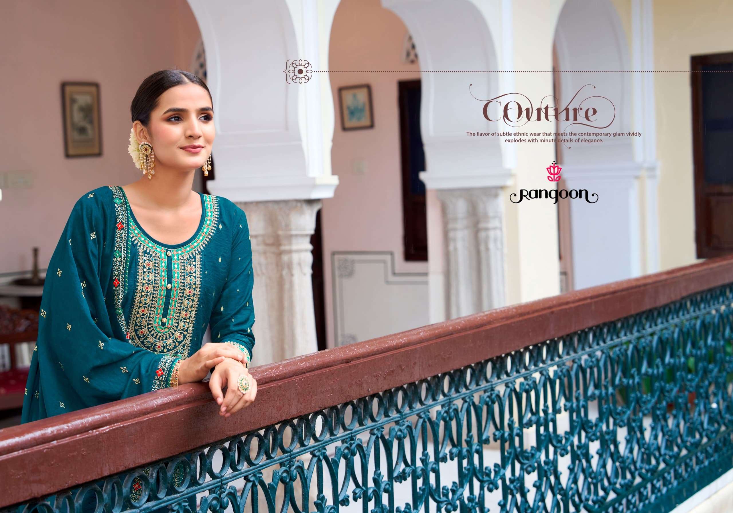 SAKHI BY RANGOON VISCOSE FABRIC WITH HEAVY EMBROIDERY WORK KURTI PANT & DUPATTA 