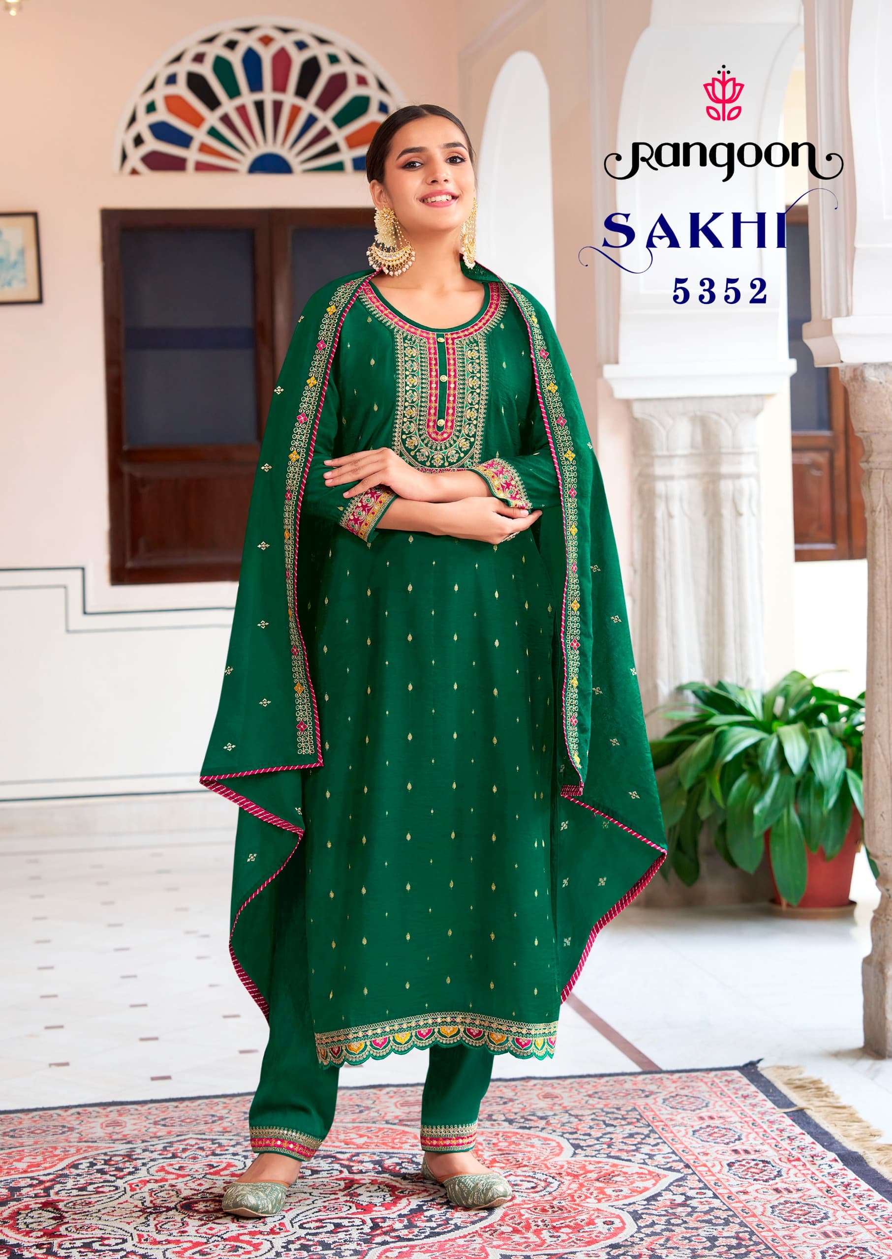 SAKHI BY RANGOON VISCOSE FABRIC WITH HEAVY EMBROIDERY WORK KURTI PANT & DUPATTA 