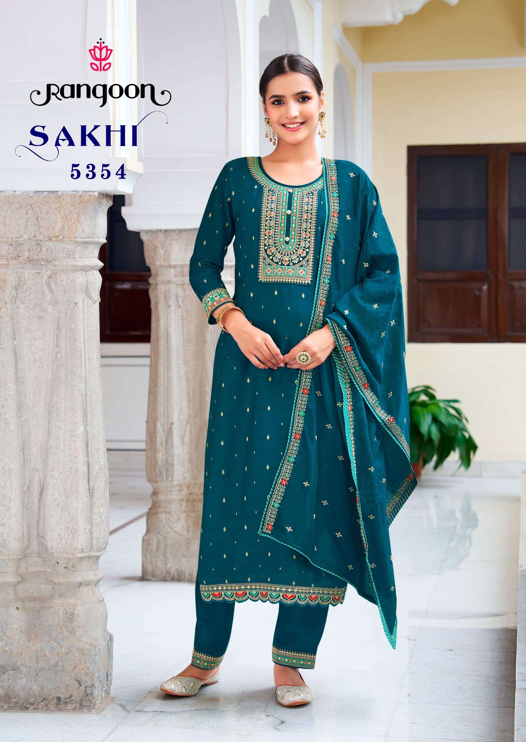 SAKHI BY RANGOON VISCOSE FABRIC WITH HEAVY EMBROIDERY WORK KURTI PANT & DUPATTA 