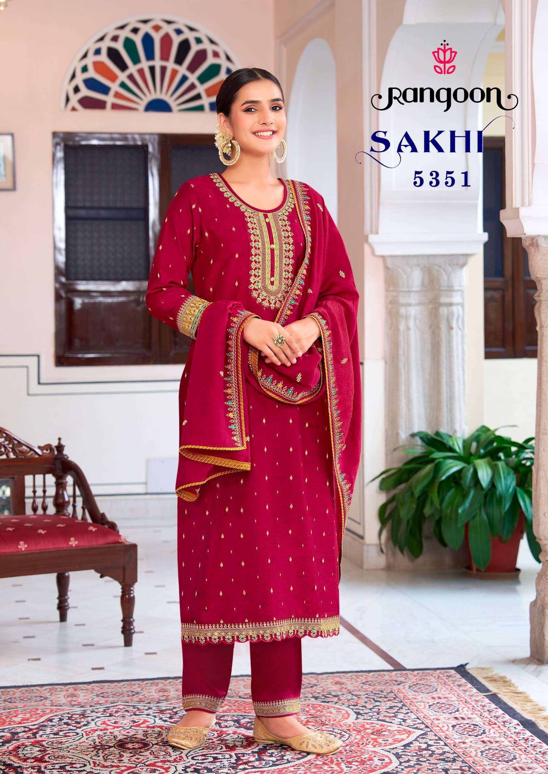 SAKHI BY RANGOON VISCOSE FABRIC WITH HEAVY EMBROIDERY WORK KURTI PANT & DUPATTA 