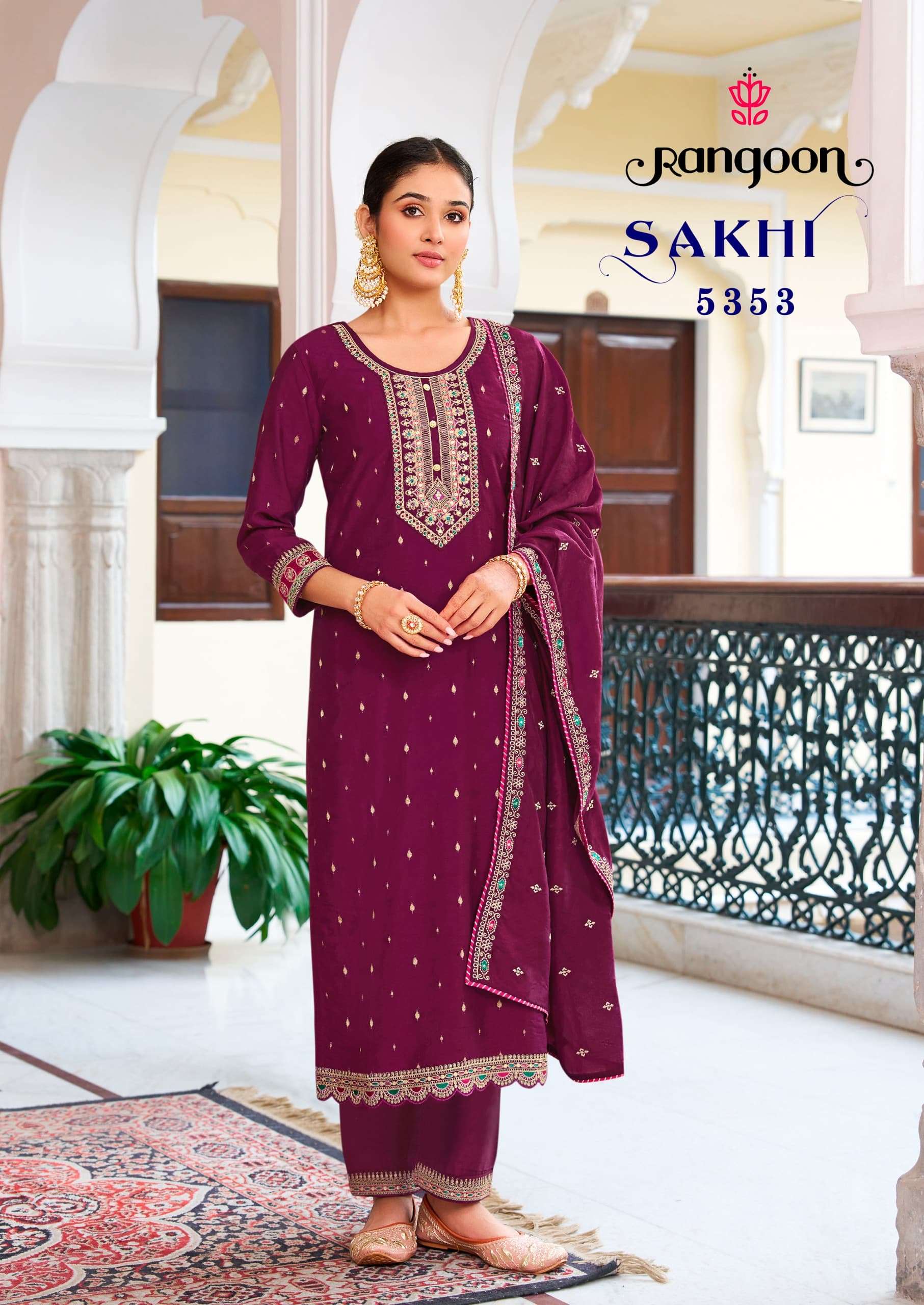 SAKHI BY RANGOON VISCOSE FABRIC WITH HEAVY EMBROIDERY WORK KURTI PANT & DUPATTA 