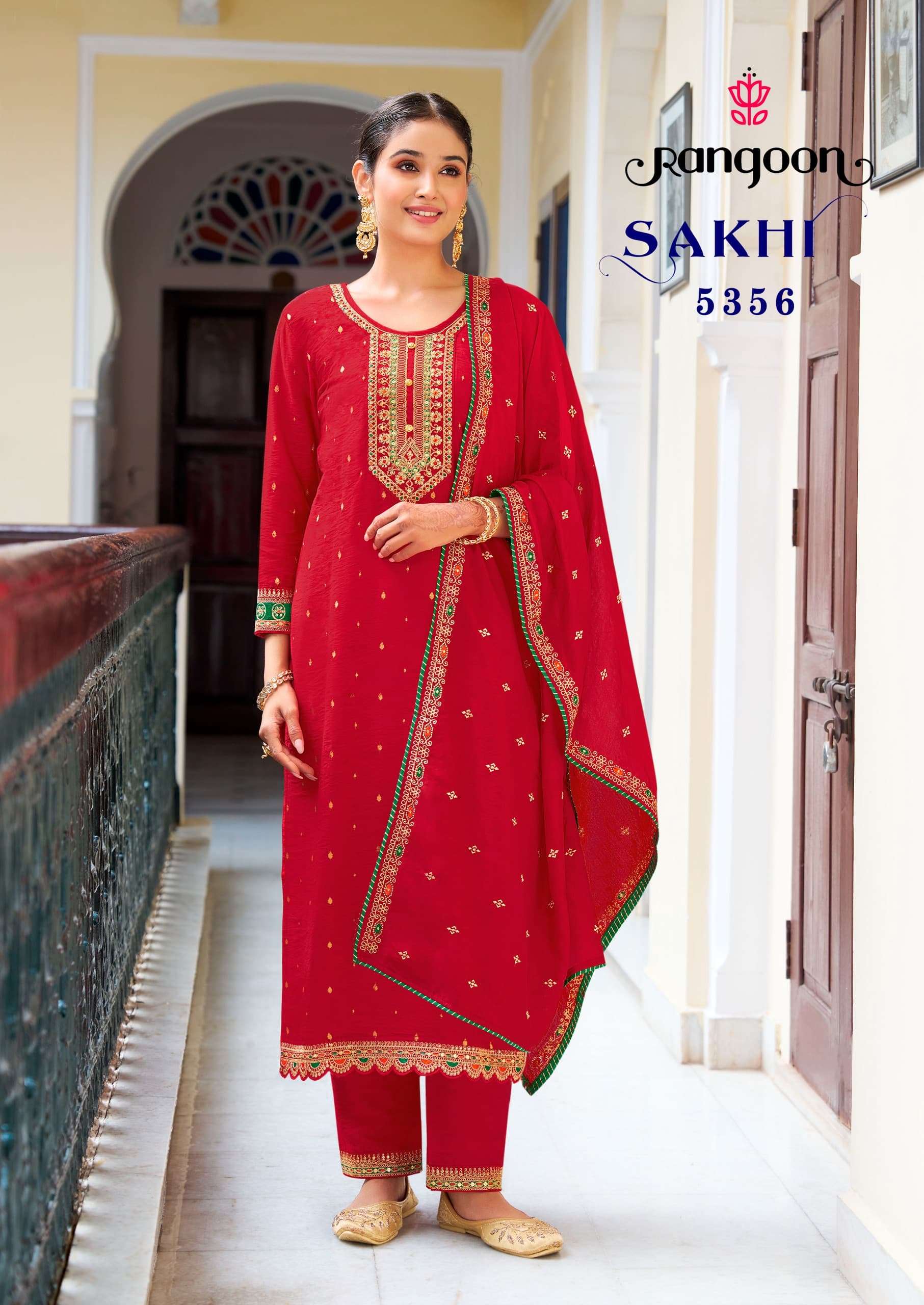 SAKHI BY RANGOON VISCOSE FABRIC WITH HEAVY EMBROIDERY WORK KURTI PANT & DUPATTA 