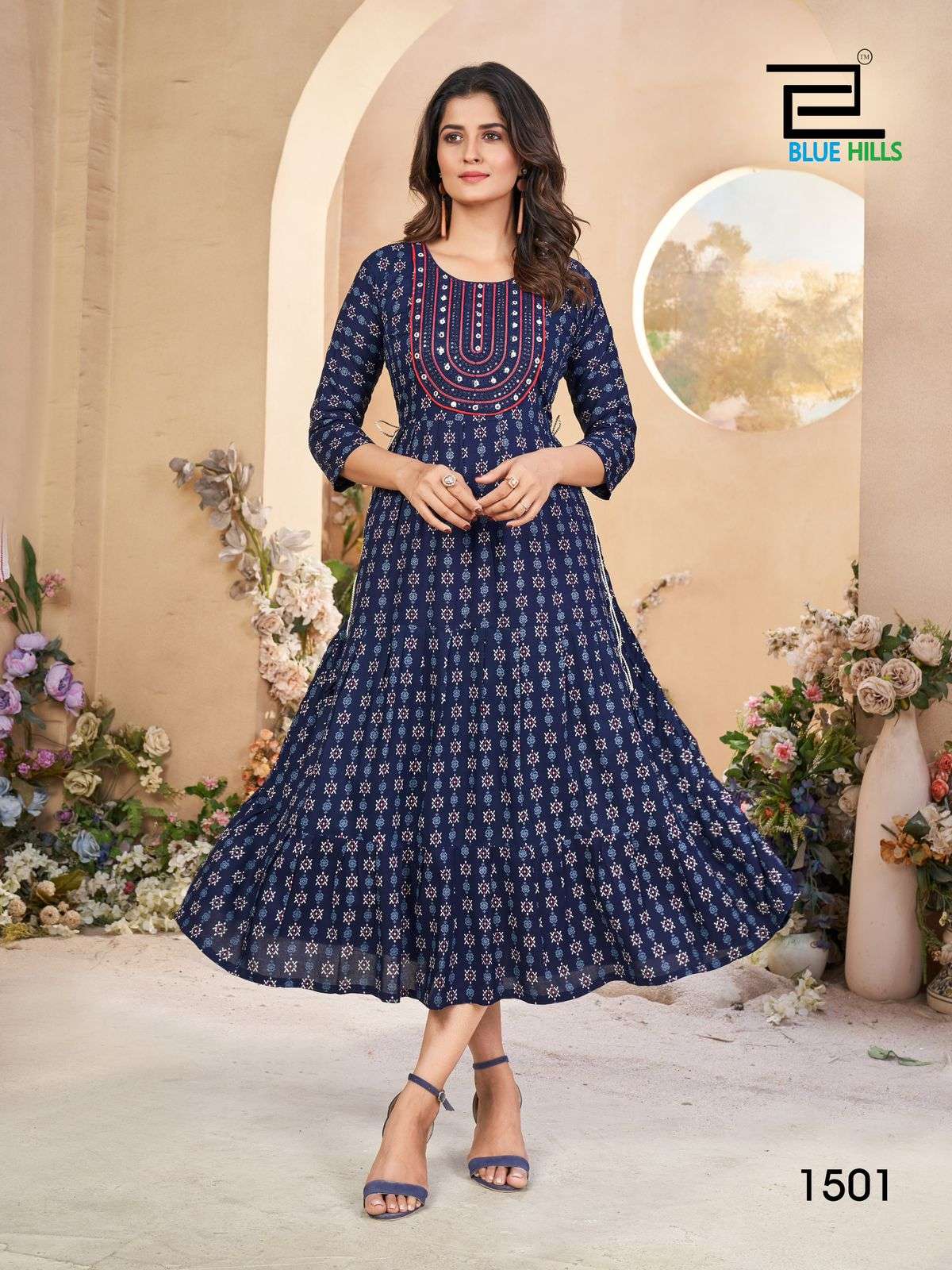 SARFARAZ VOL-15 BY BLUE HILLS RAYON PRINT EMBROIDERY NECK GOWN STYLE 