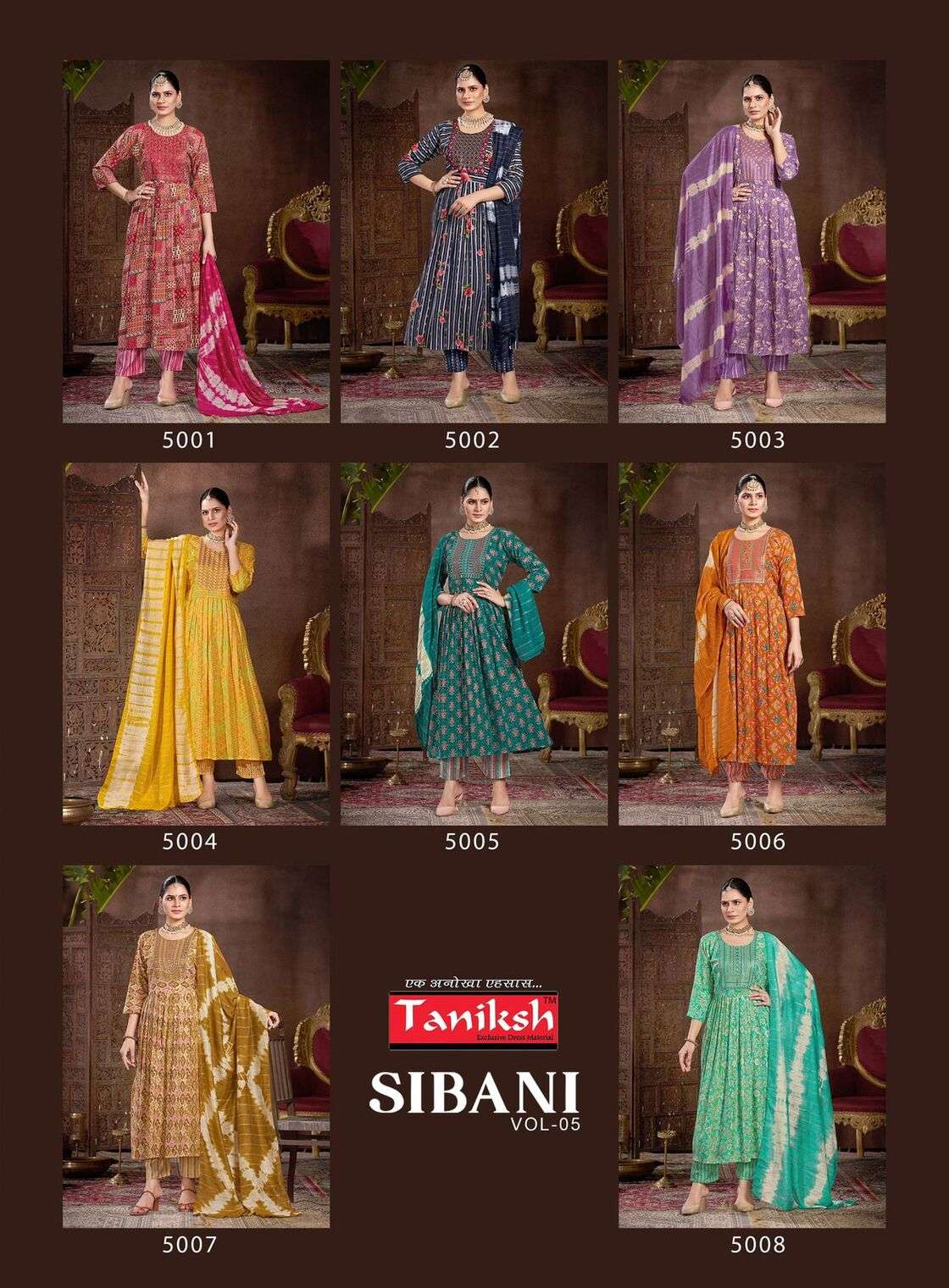 SIBANI VOL-5 BY TANISHK RAYON PRINT WITH SIKVANS EMBROIDERY WORK IN ANARKALI GHEERA STYLE 