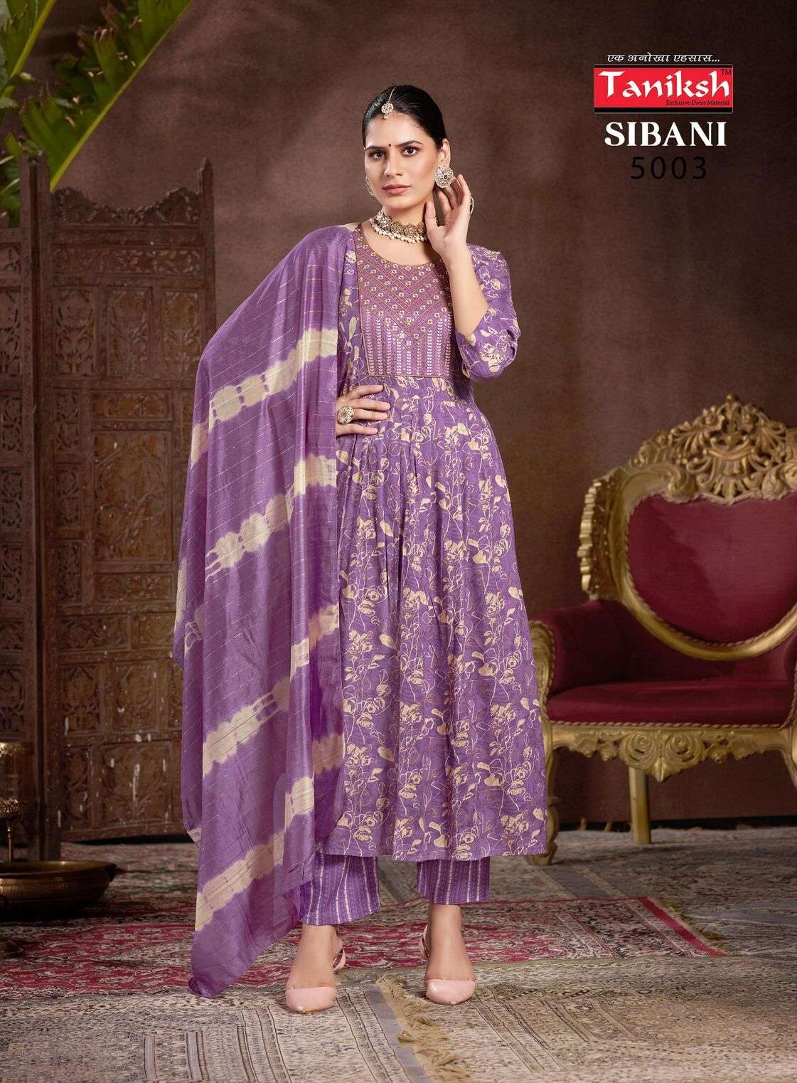 SIBANI VOL-5 BY TANISHK RAYON PRINT WITH SIKVANS EMBROIDERY WORK IN ANARKALI GHEERA STYLE 