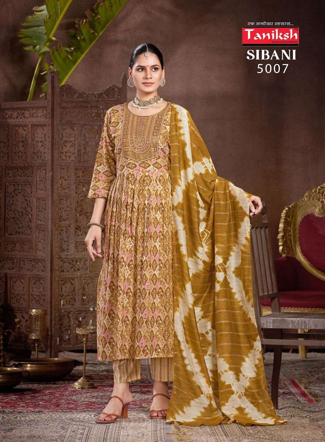 SIBANI VOL-5 BY TANISHK RAYON PRINT WITH SIKVANS EMBROIDERY WORK IN ANARKALI GHEERA STYLE 